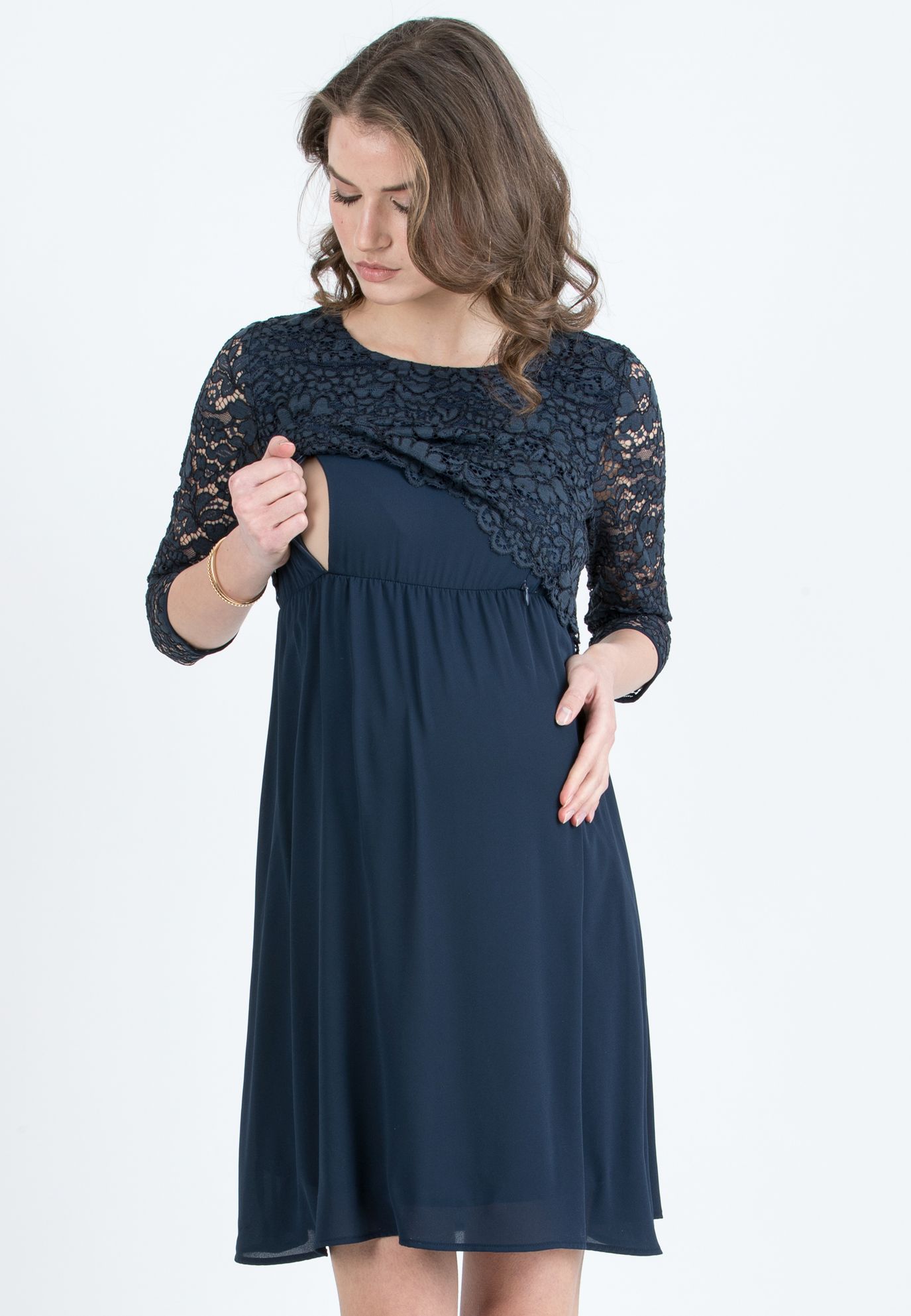 ELEONORA - Lace and Chiffon Maternity & Nursing Dress (Blu Scuro)