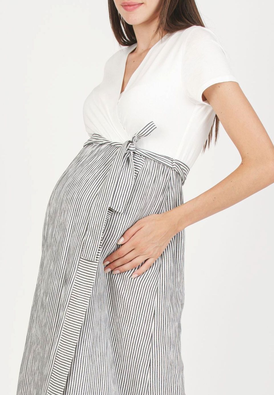 FEDERICA R - Maternity & Nursing Dress with Crossed Bodice and Striped Skirt (Black, XS)