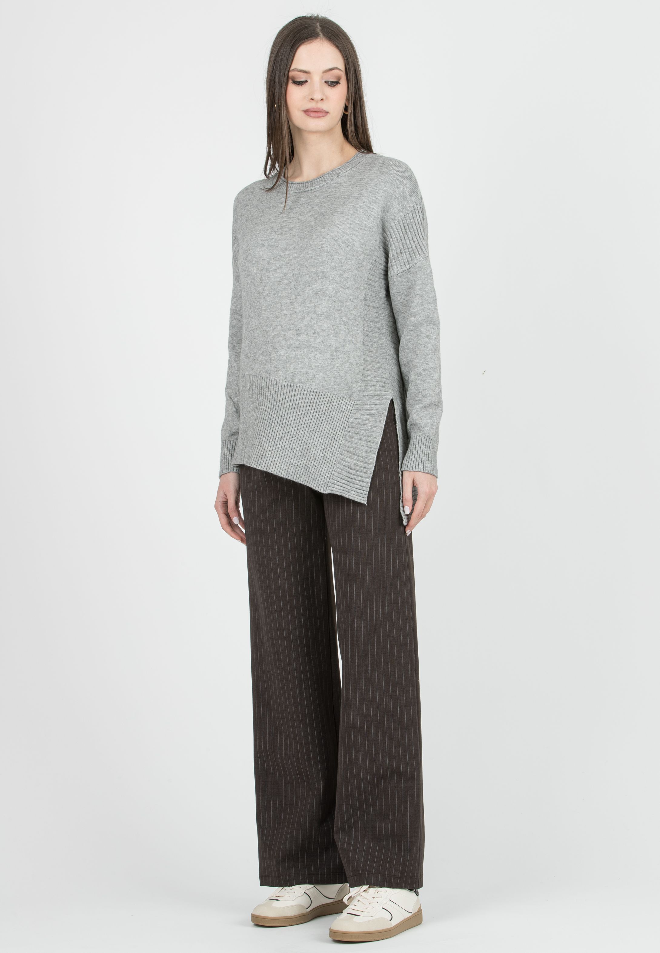 KIMBERLY G - Pantalone Premaman Palazzo in Punto Milano Invernale Gessato (Marrone)