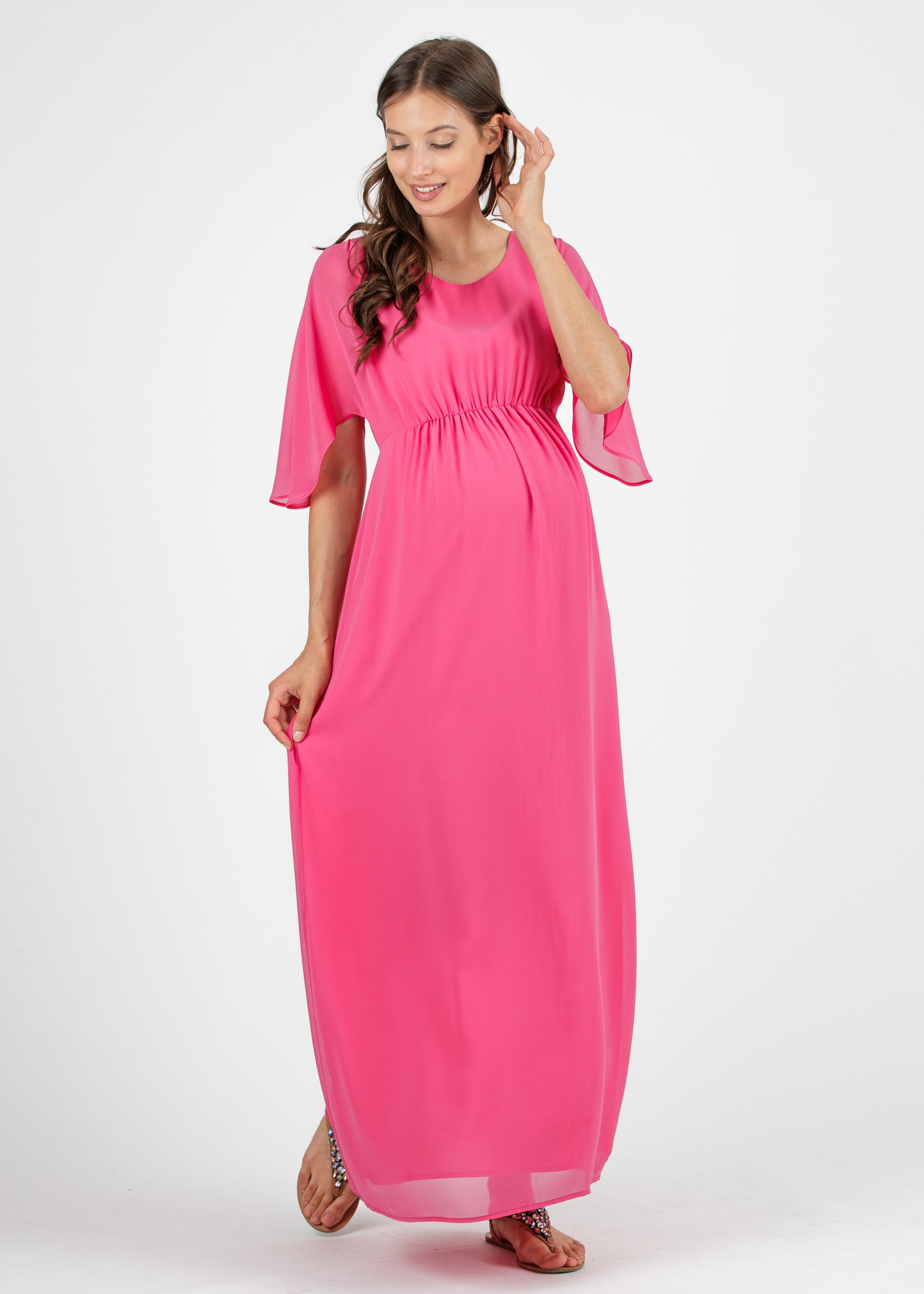 VALENTINA - Long Kimono Maternity Dress with Back Neckline (Fuchsia, XS)