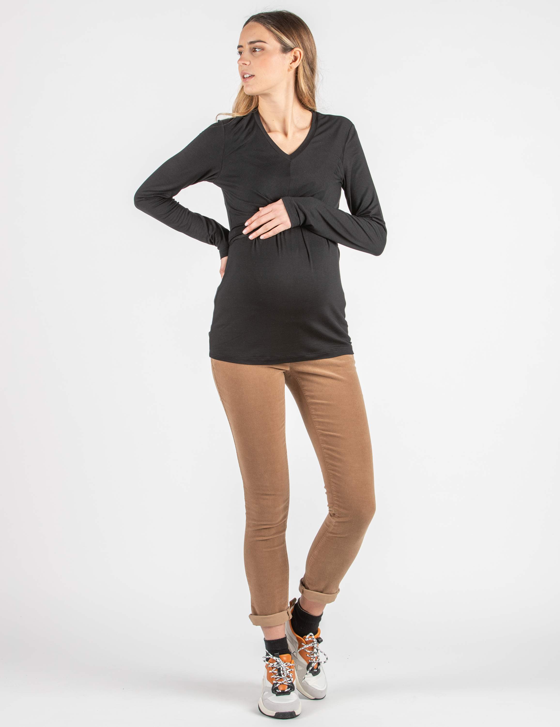 Pantalone Premaman 5 Tasche Skinny in Velluto a Coste Sottili (Cuoio, XS)