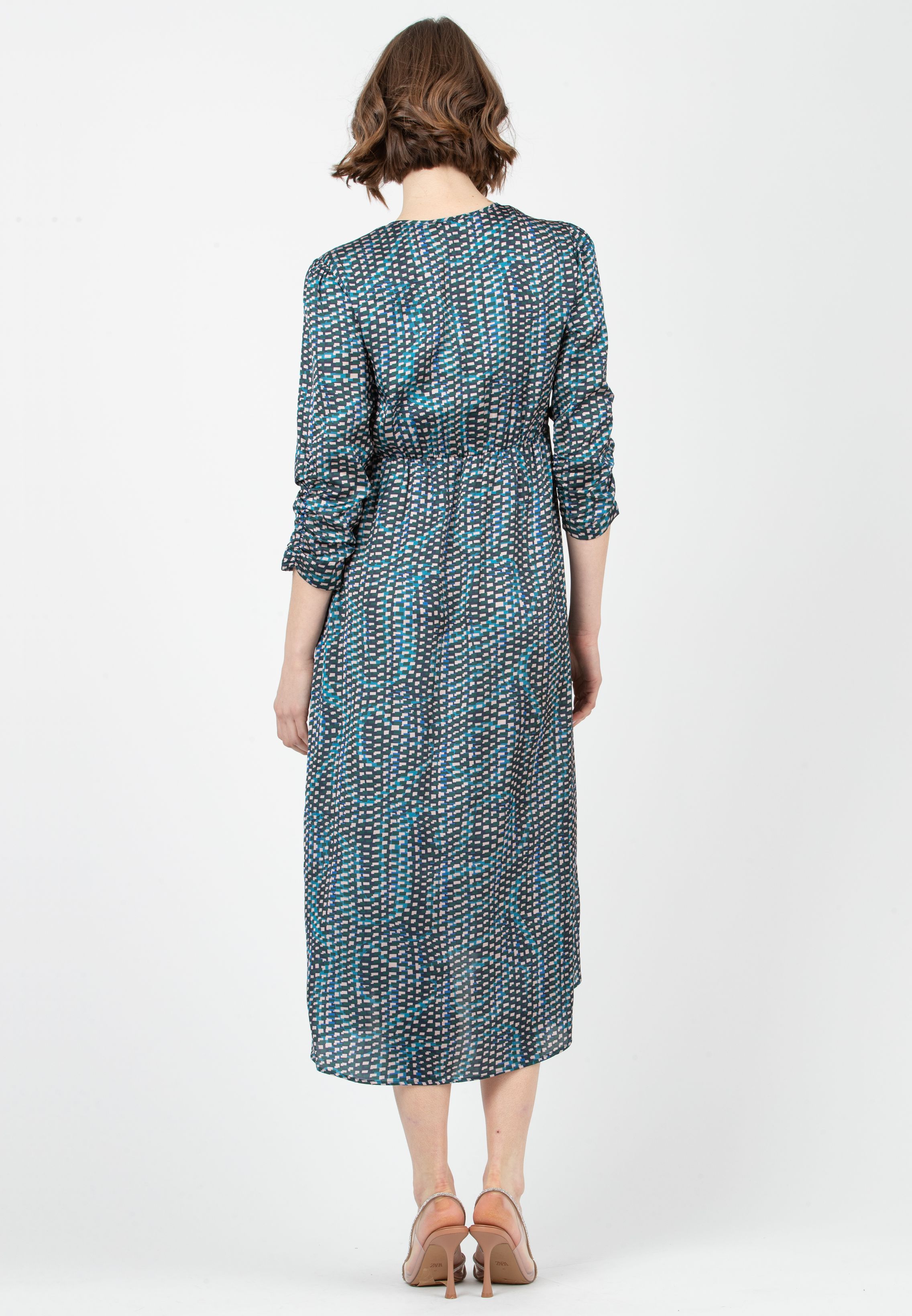 BELEN M/L - Abito Premaman & Allattamento in Raso Stampato con Corpino Annodato e Maniche 3/4 (Verde, XS)