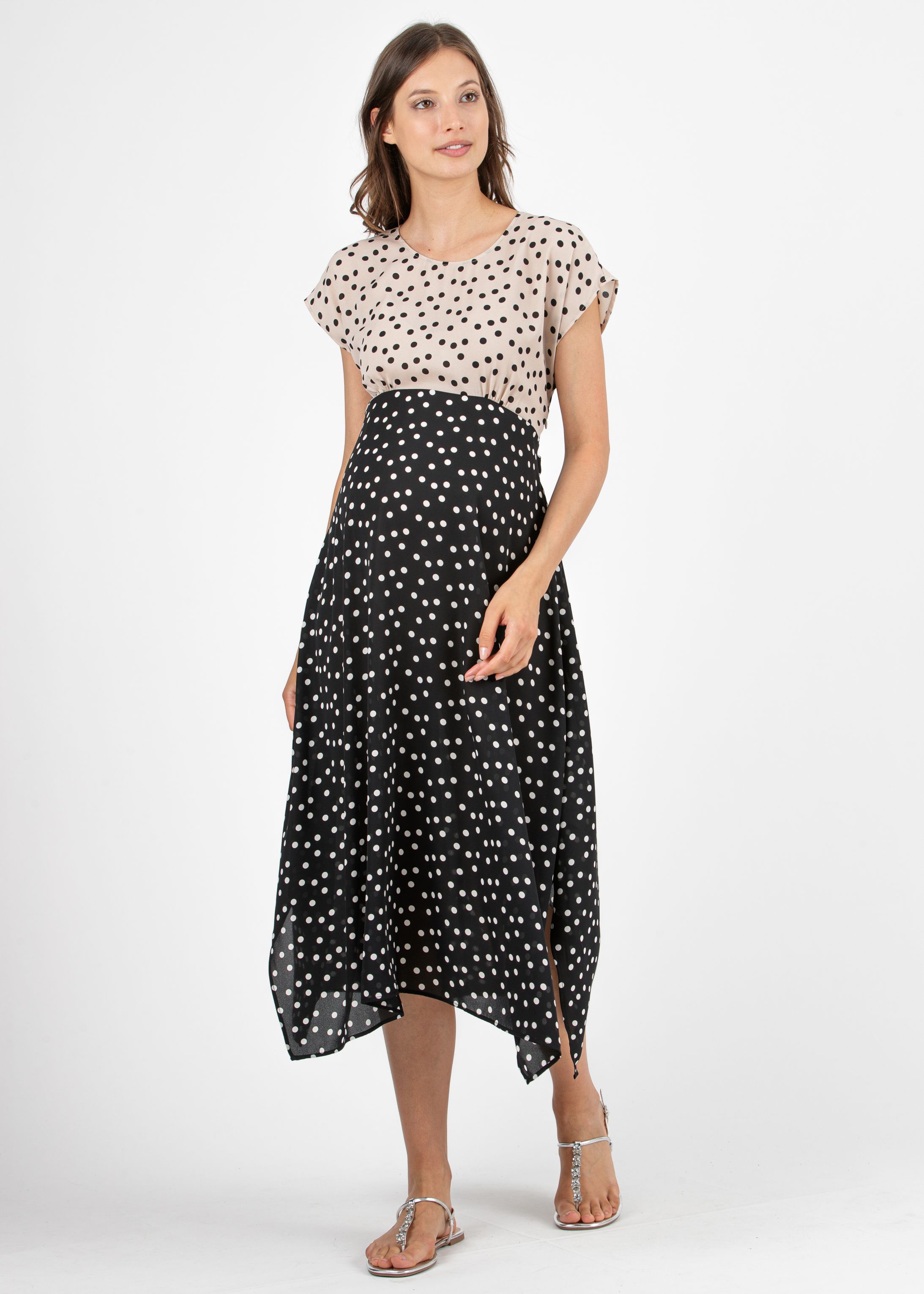 LETIZIA - Abito Premaman a Pois con Gonna Asimmetrica (Nero)