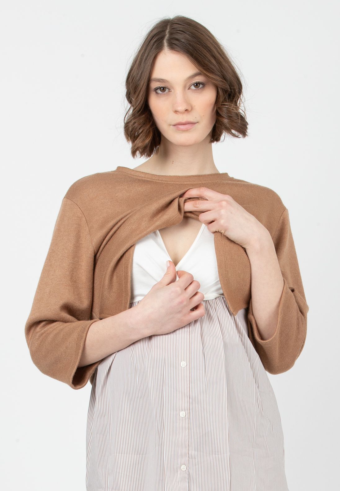 BAILEY R - Flared Maternity Sweater with Bow and Matching Striped Top (Cammello)