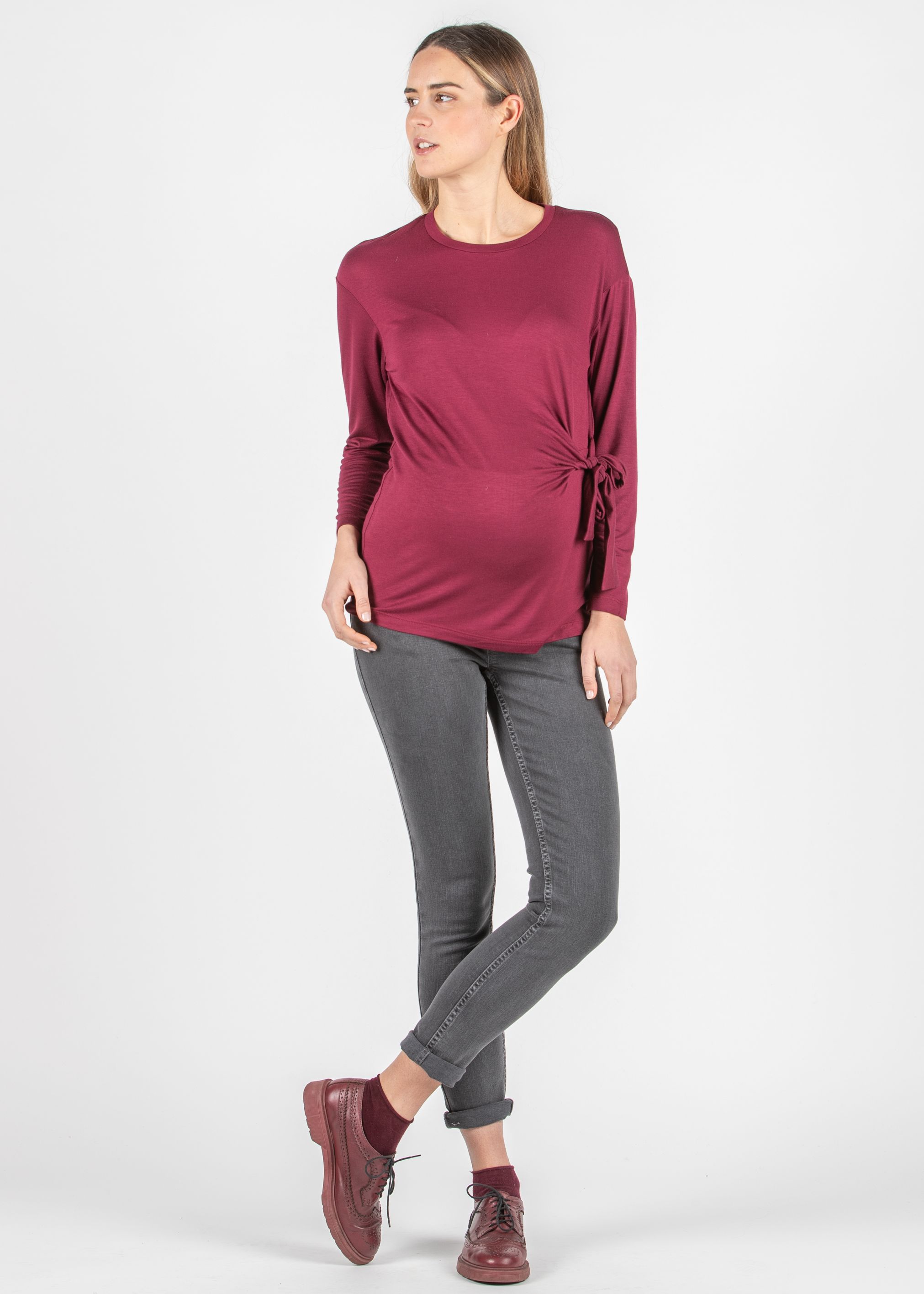 Long Sleeve Maternity Top in Jersey with Knot on Side (Plum, XS)