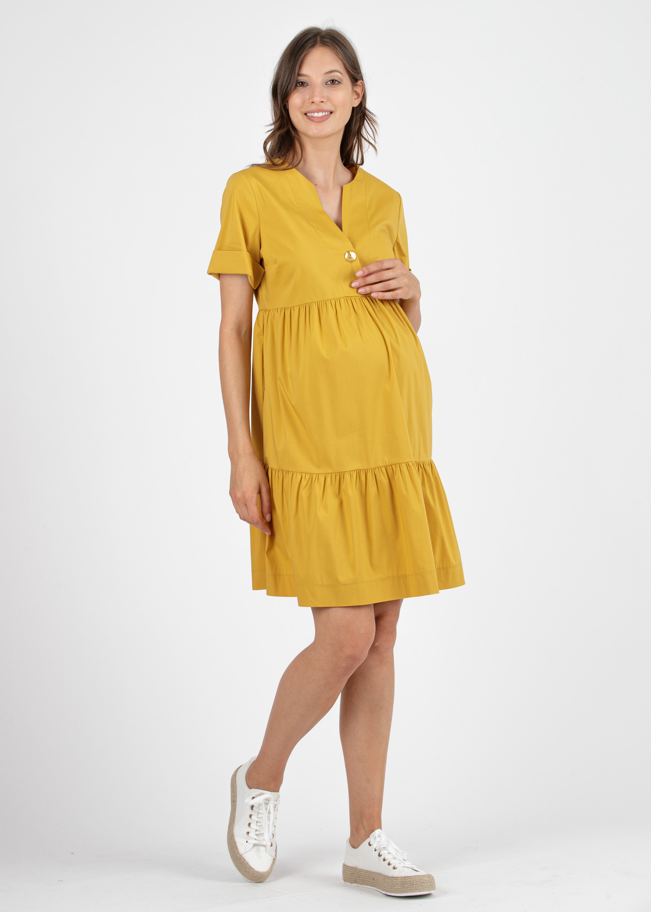 A-line Maternity Dress with Flounce and Important Button (Mustard, XS)