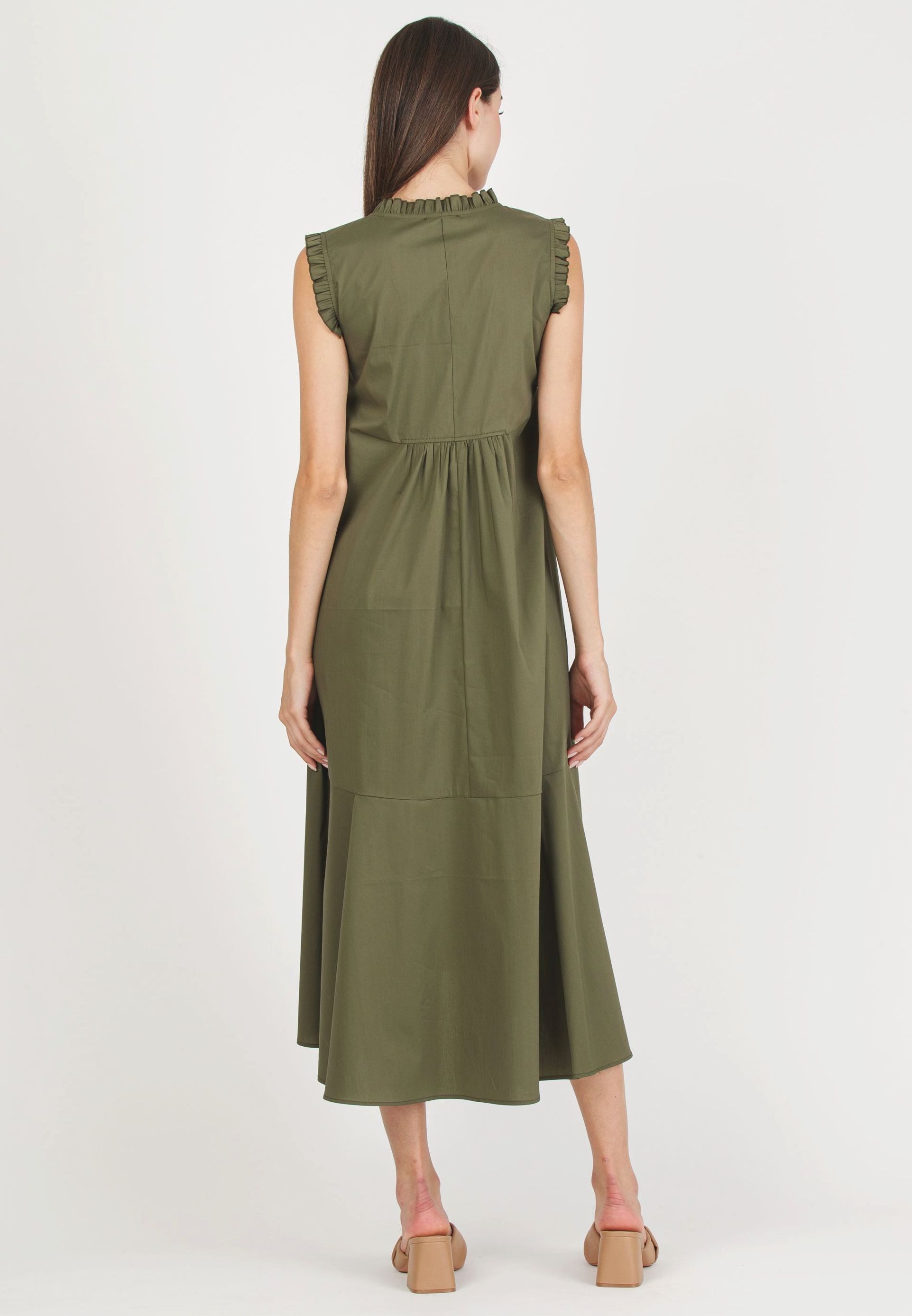 SOFIA MIDI - Maternity Midi Dress in Cotton Poplin with Ruffles (Army Green, XS)