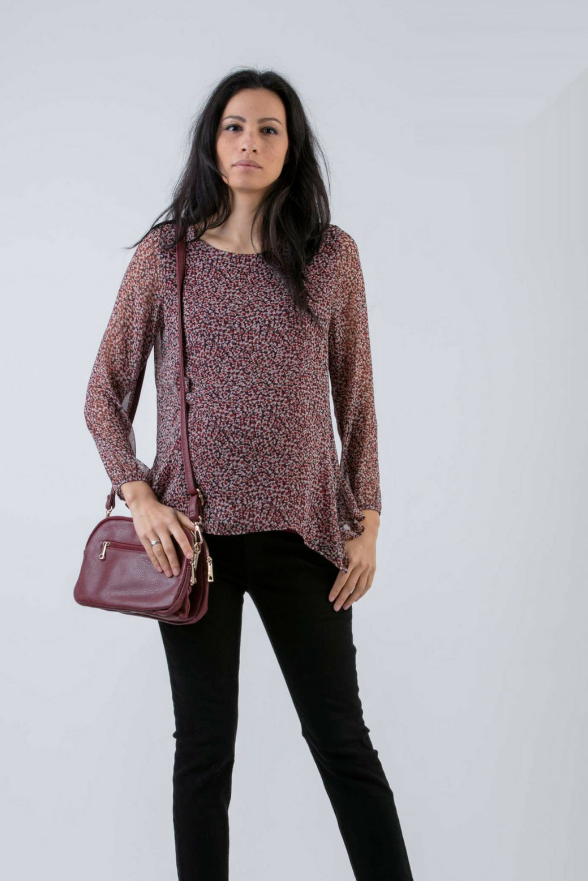 Printed Chiffon Maternity & Nursing Top (Bordeaux, XS)
