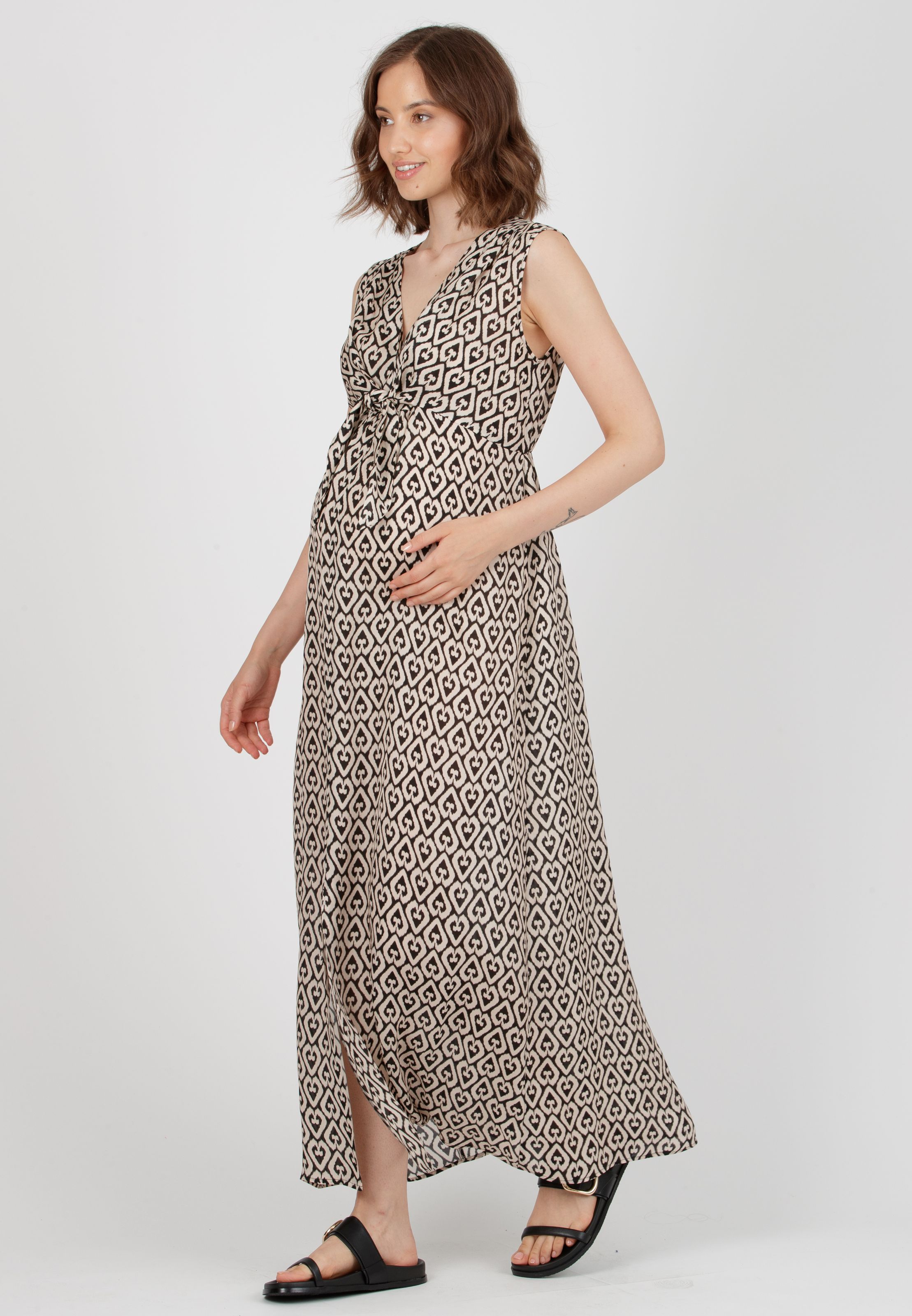 BELEN MAXI - Maternity & Nursing Dress in Printed Viscose (Black, XS)