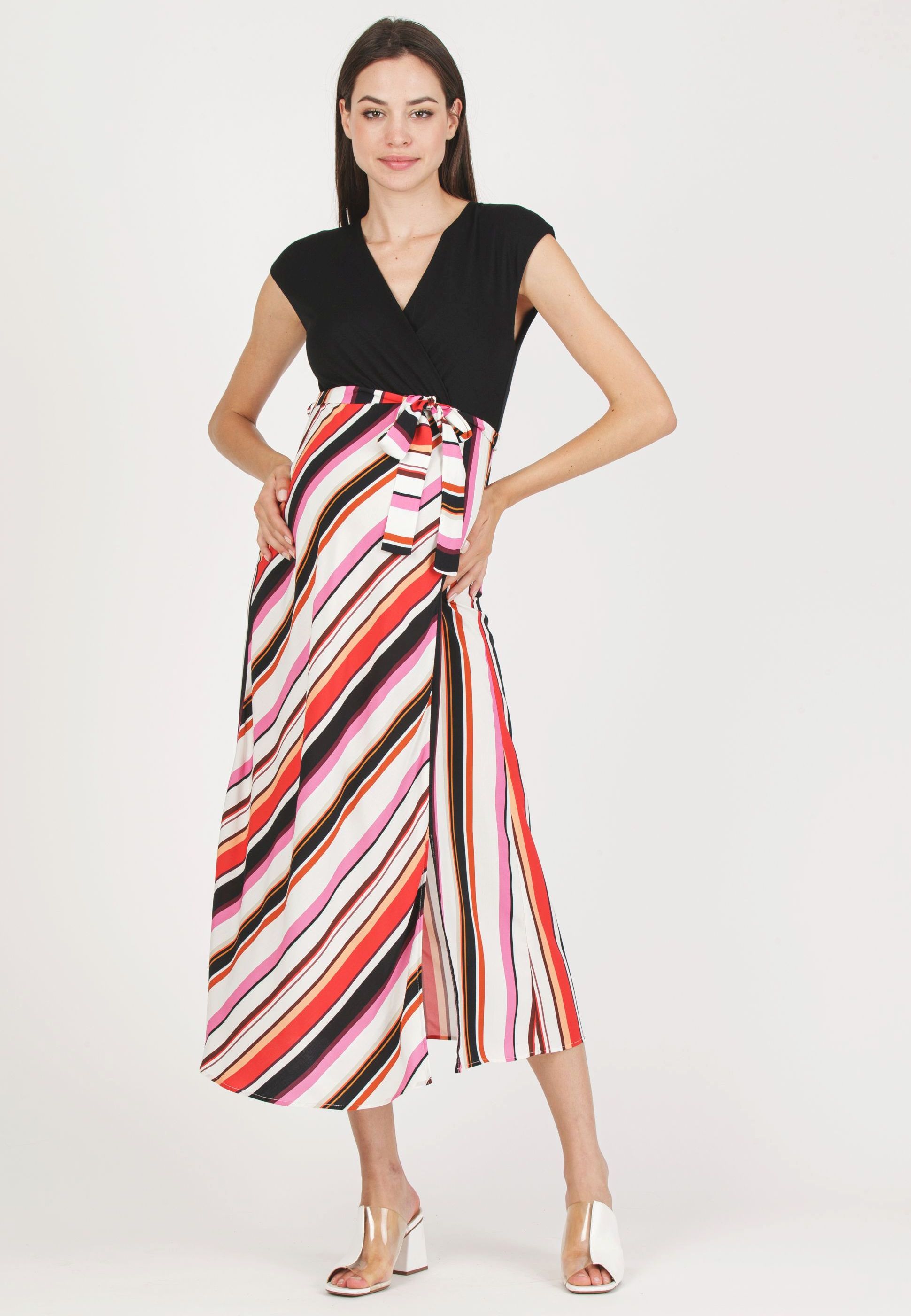 FEDERICA R - Abito Premaman & Allattamento con Corpino Incrociato e Gonna a Righe (Rosso, XS)