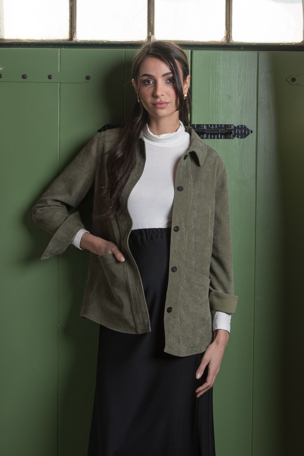 ELETTRA – Maternity Jacket in Velvet (Verde Militare)