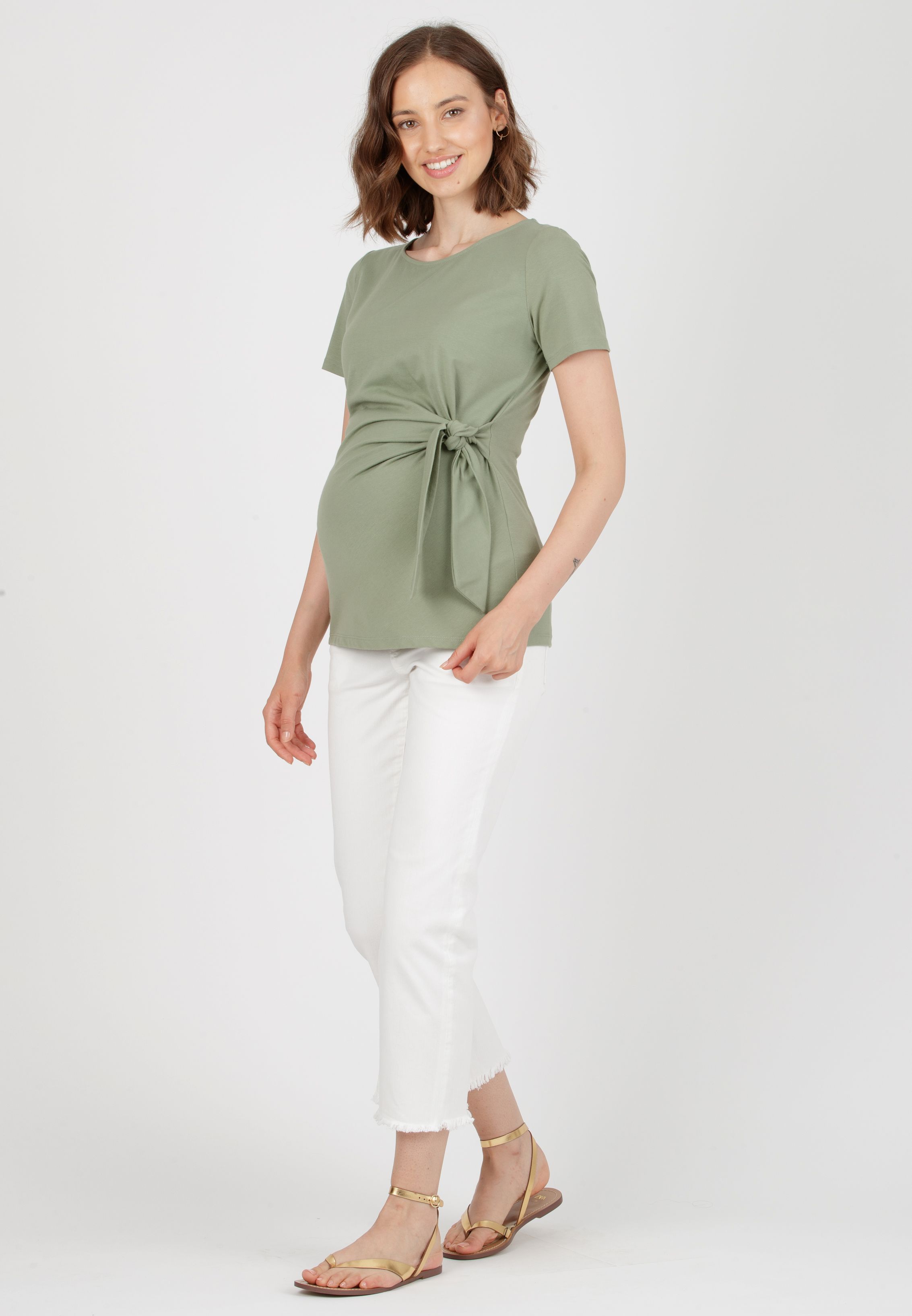 KAREN M - T-Shirt Premaman in Jersey di Cotone con Nodo Laterale (Verde Militare, XS)