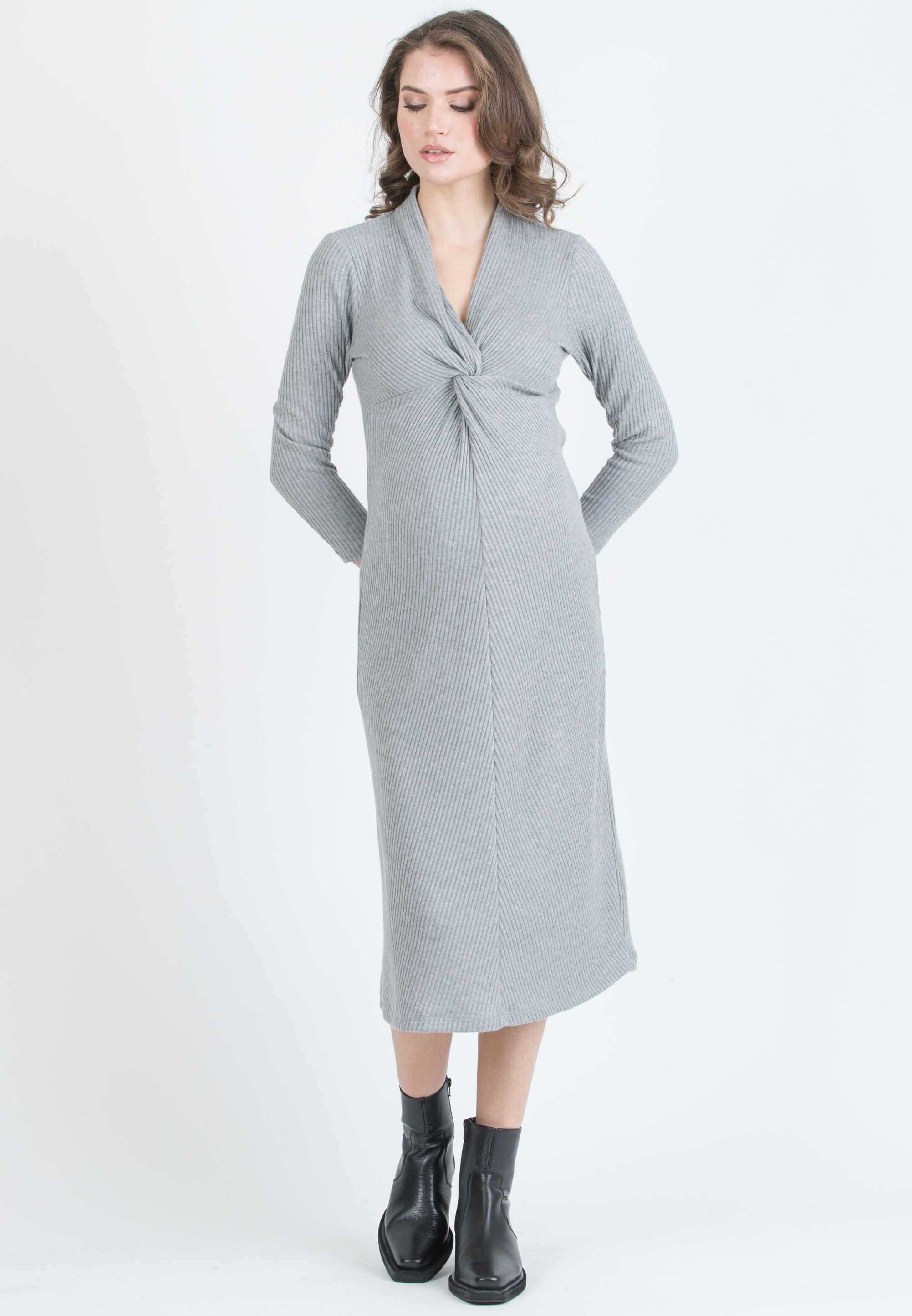 ISSA M/L – Abito Premaman & Allattamento in Maglia a Costina con Nodo (Grigio Chiaro)