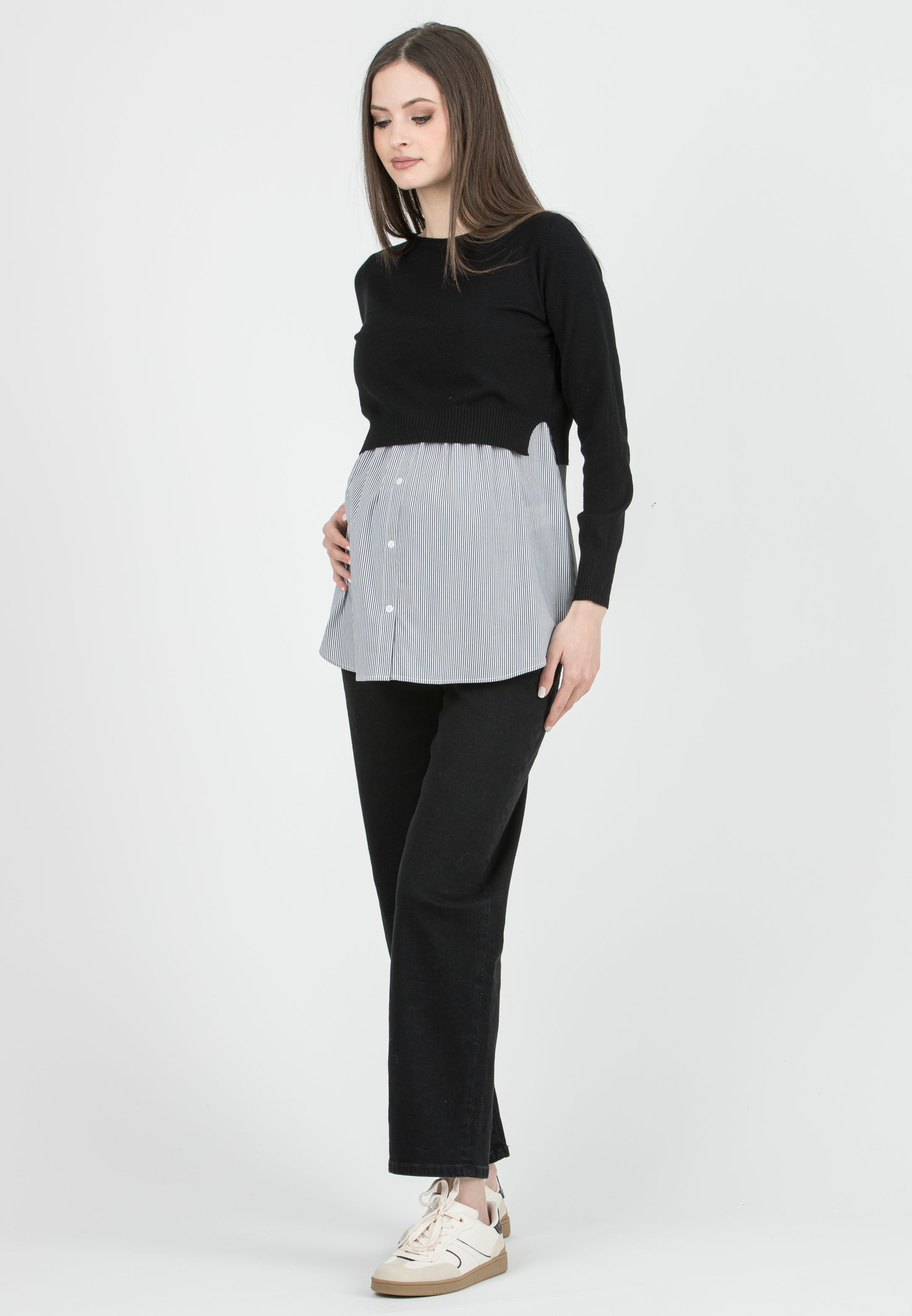 ANGELA R - Maternity & Nursing Sweater with Matching Striped Top (Nero)