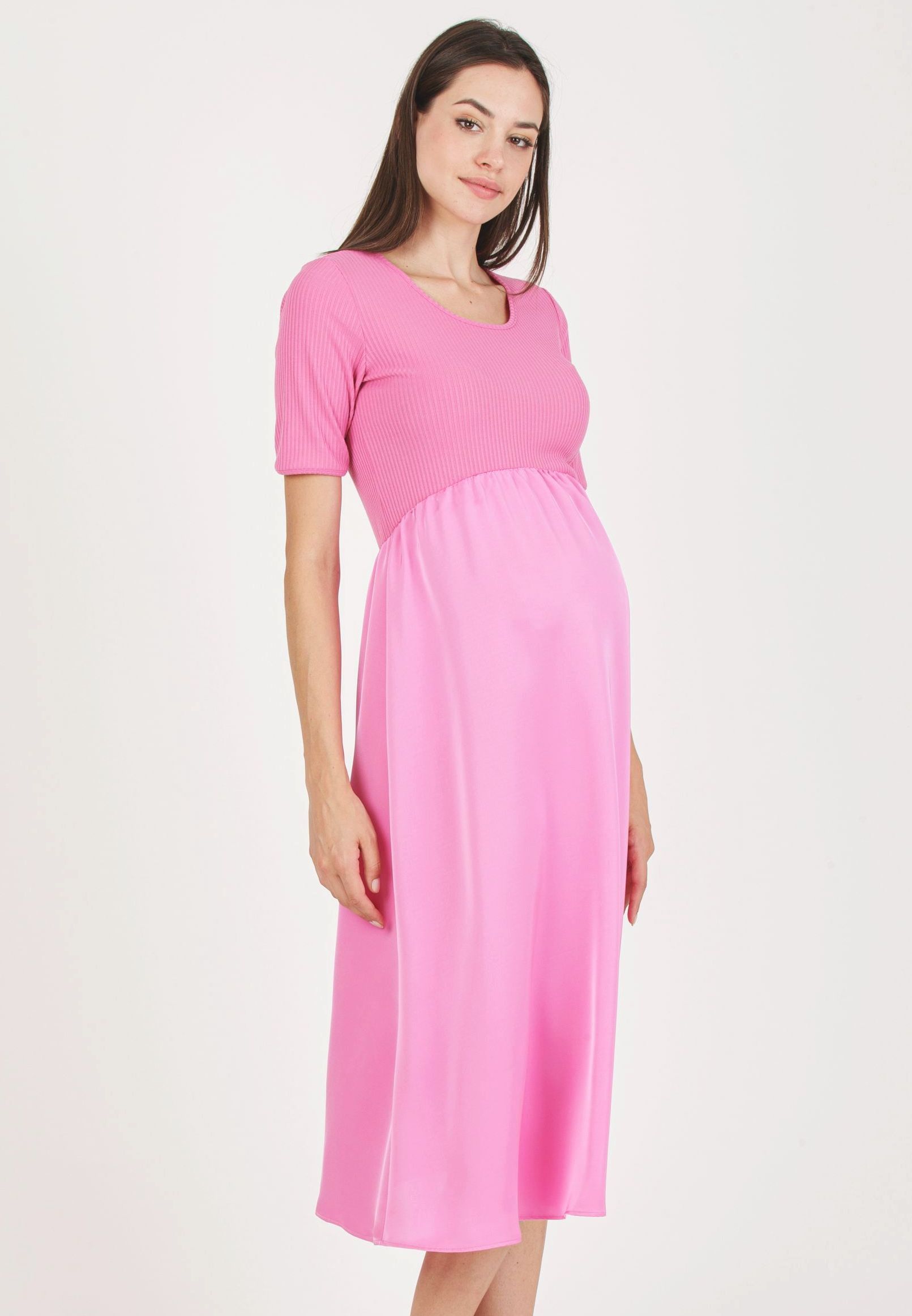 NASTIA - Abito Premaman in Costina con Gonna in Raso (Rosa, XS)