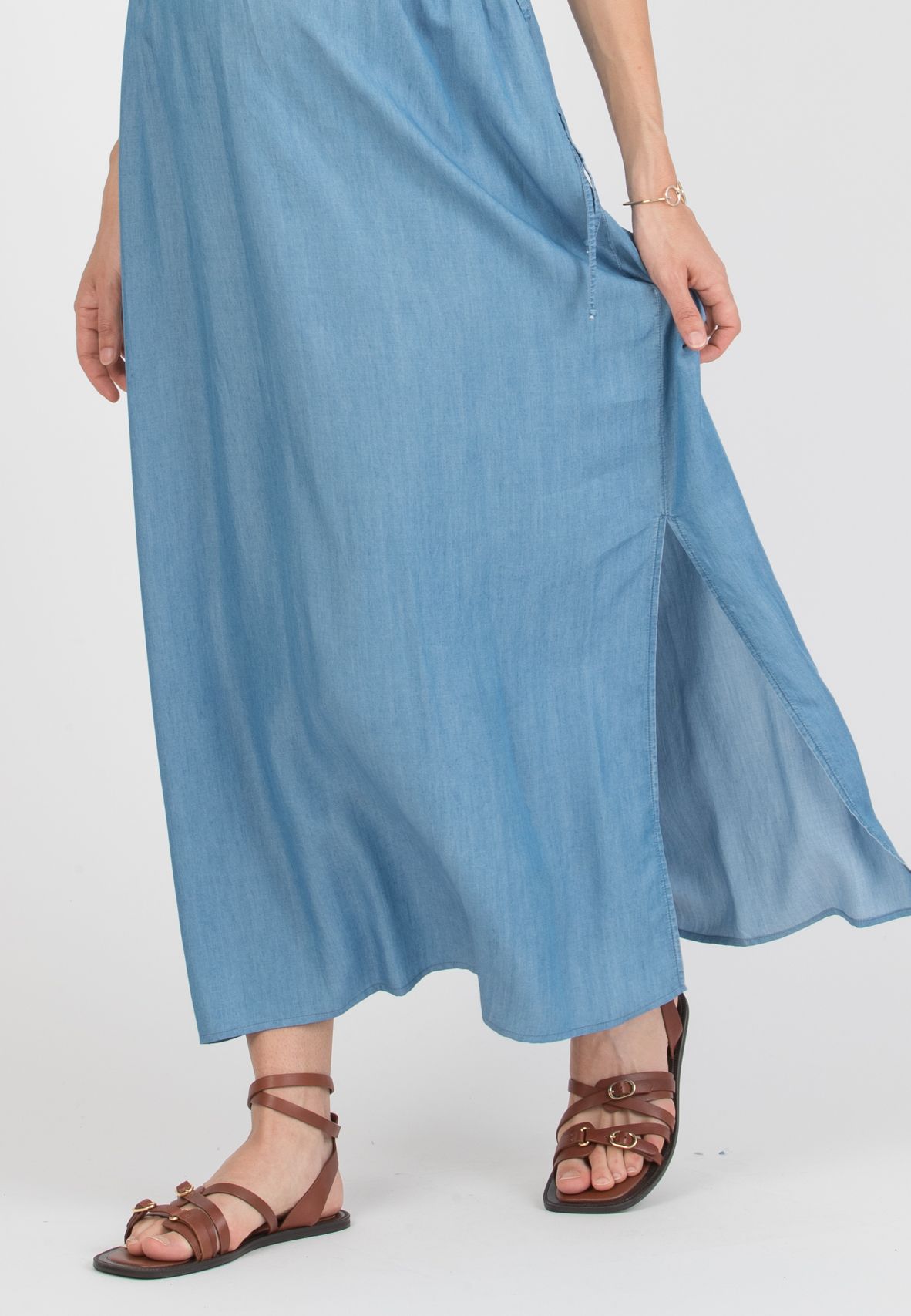 GAIA J - Abito Lungo Premaman & Allattamento in Tencel con Fascia di Elastici (Denim)