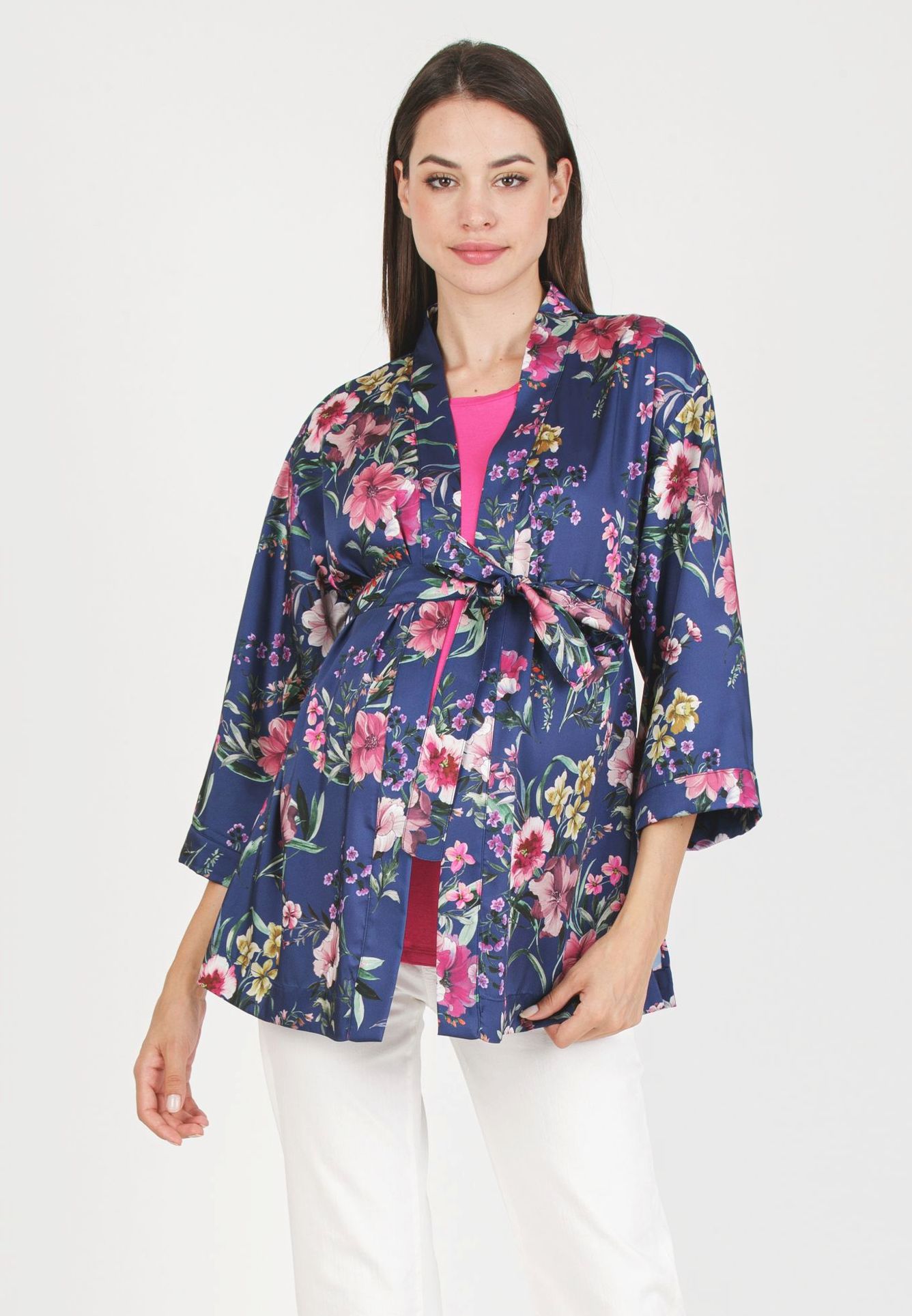 DALIA F - Maternity Kimono in Printed Satin (Blu)