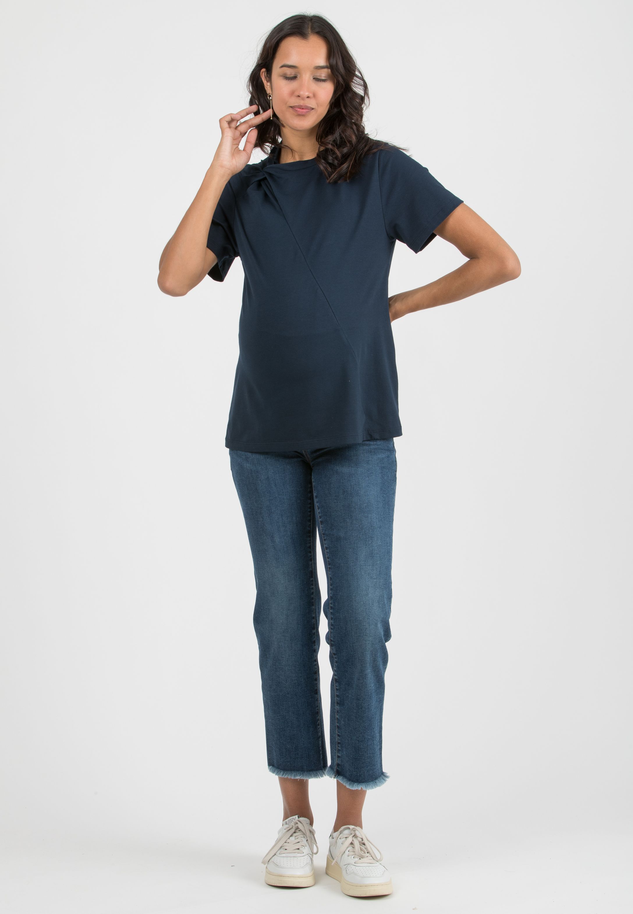 LINDSAY - T-Shirt Premaman e Allattamento in Jersey di Cotone con Nodo Laterale e Zip (Blu, XS)