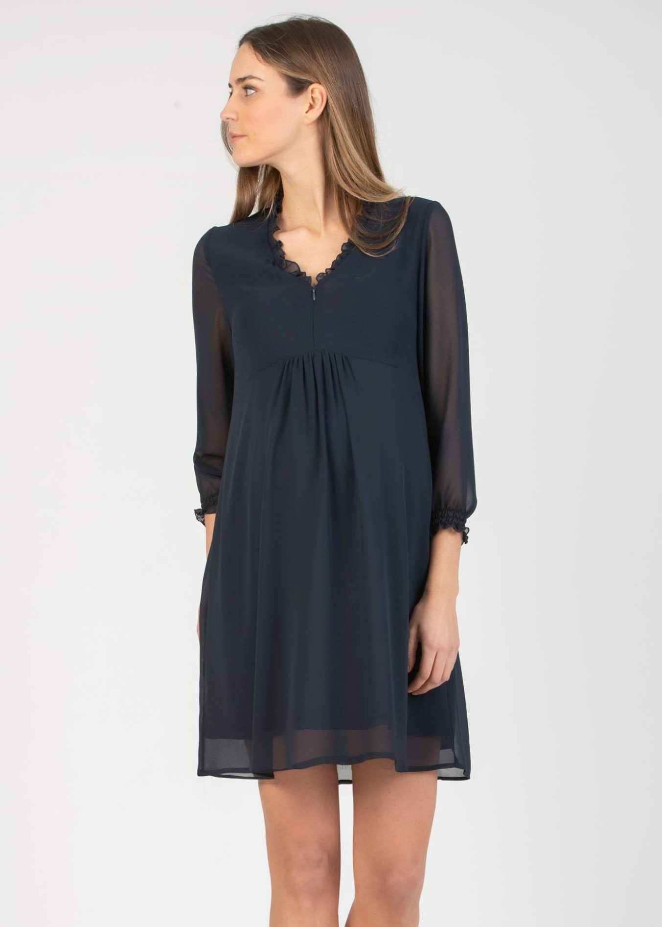 DIANA - Chiffon Maternity & Nursing Dress with Ruffle Trims on the Neck (Dark Blue, XS)