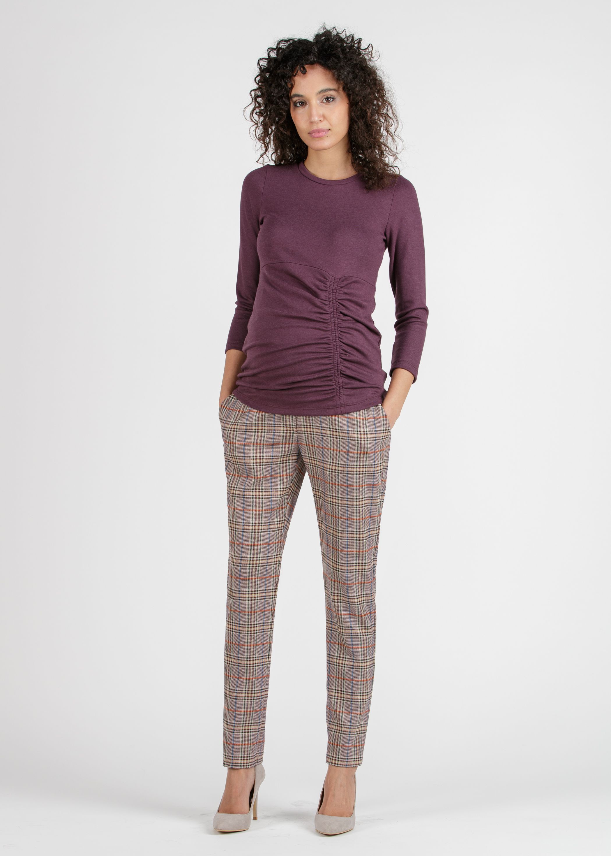 ELISA Q - Pantalone Premaman Slim Fit a Quadri (Bordeaux, XS)