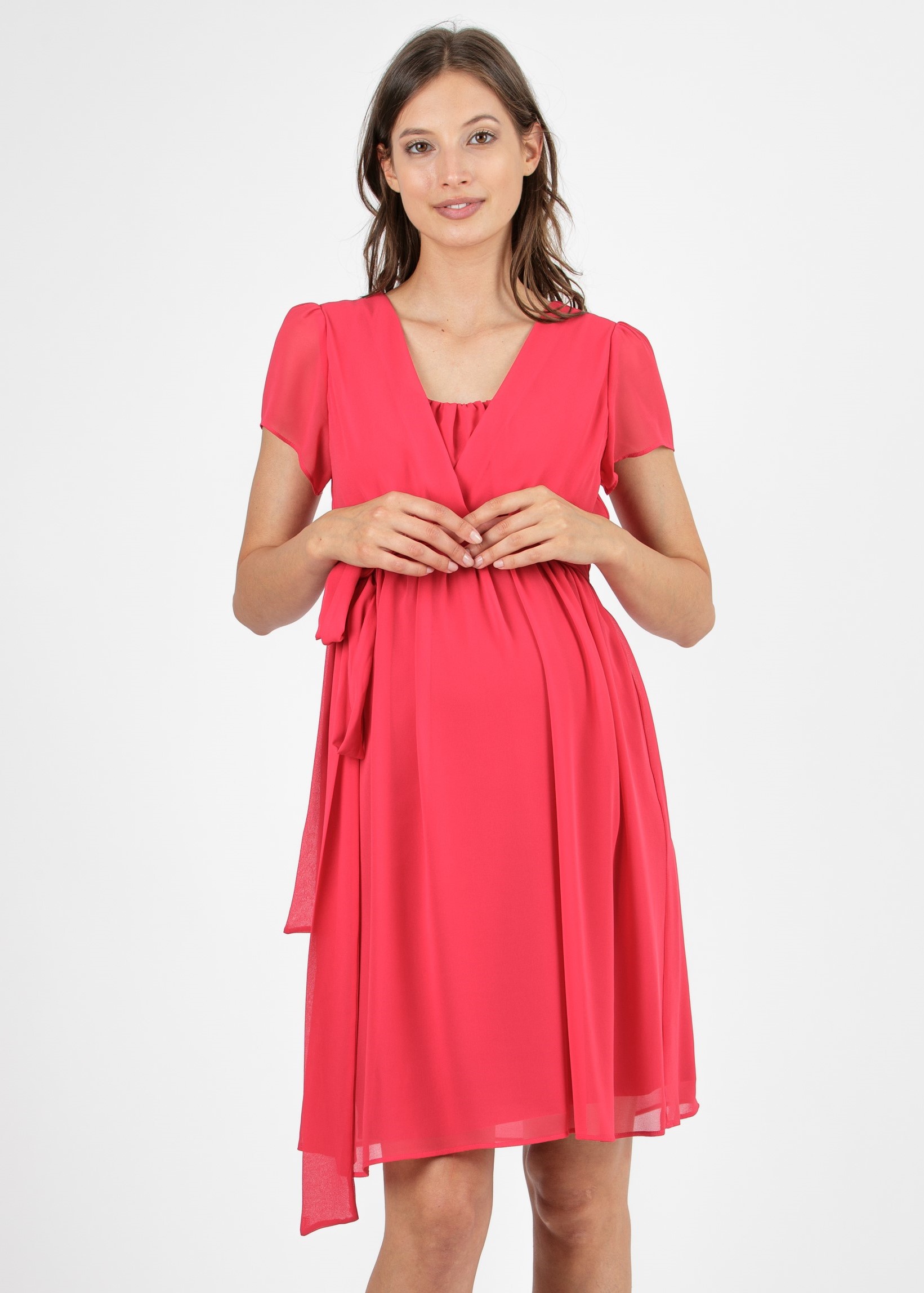 Abito Premaman & Allattamento in Georgette con Scollo Incrociato (Rosso, XS)