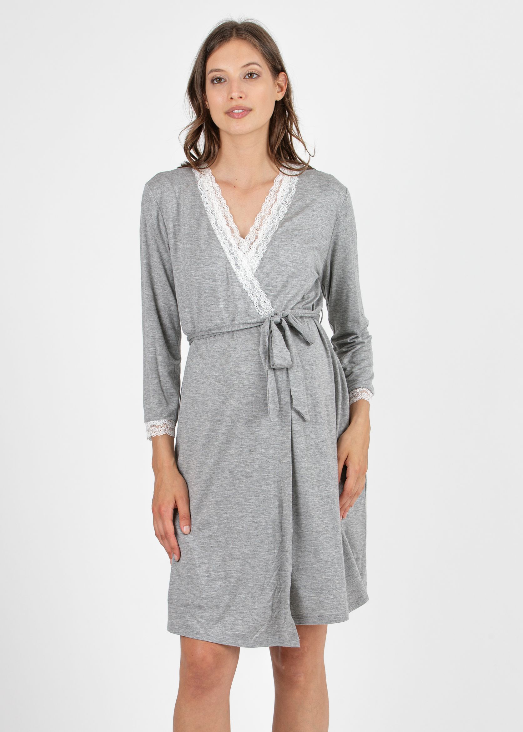 Maternity & Nursing Dressing Gown with Lace Details (Light Grey, S)