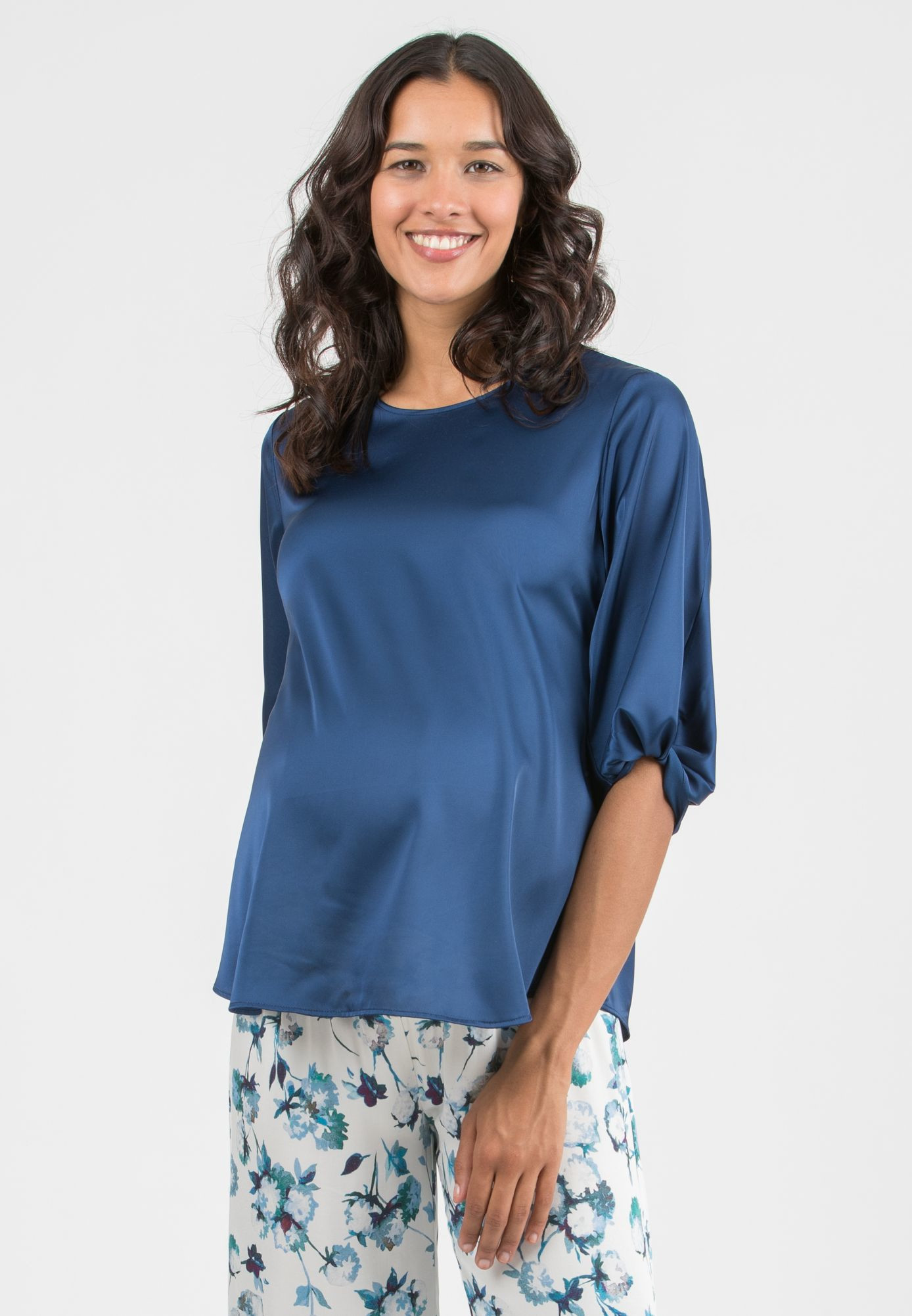 SYDNEY - Maternity Satin Blouse with Knot on Sleeve Bottom (Blu Cobalto)