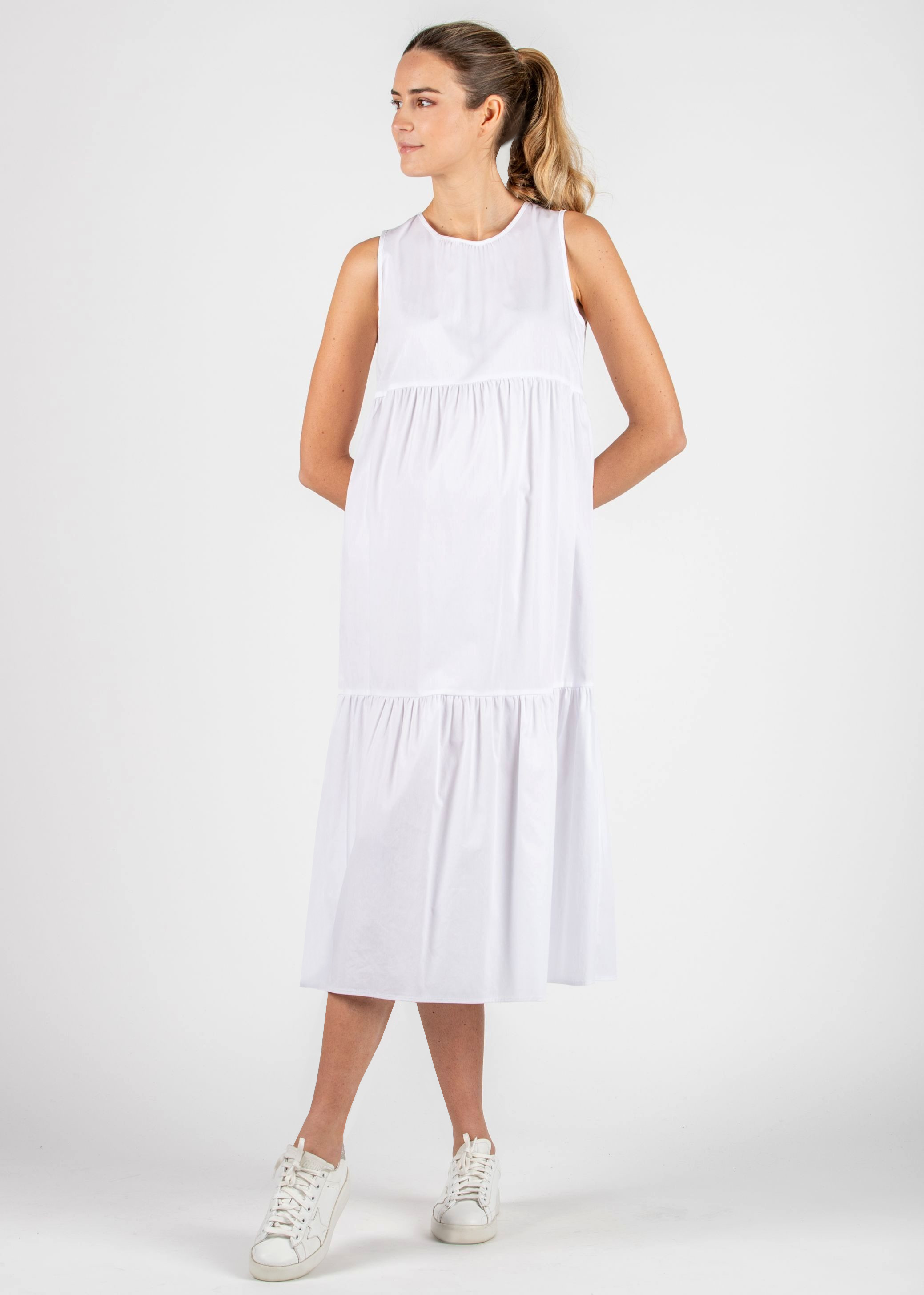 Abito Midi Premaman a Balze con Chiusura a Laccetti (Bianco, XS)