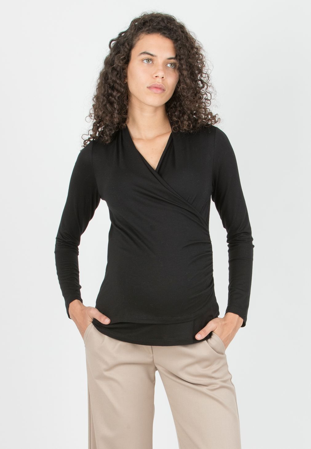 JENNIFER - Maternity & Nursing Top with Crossover Neckline (Black, XS)