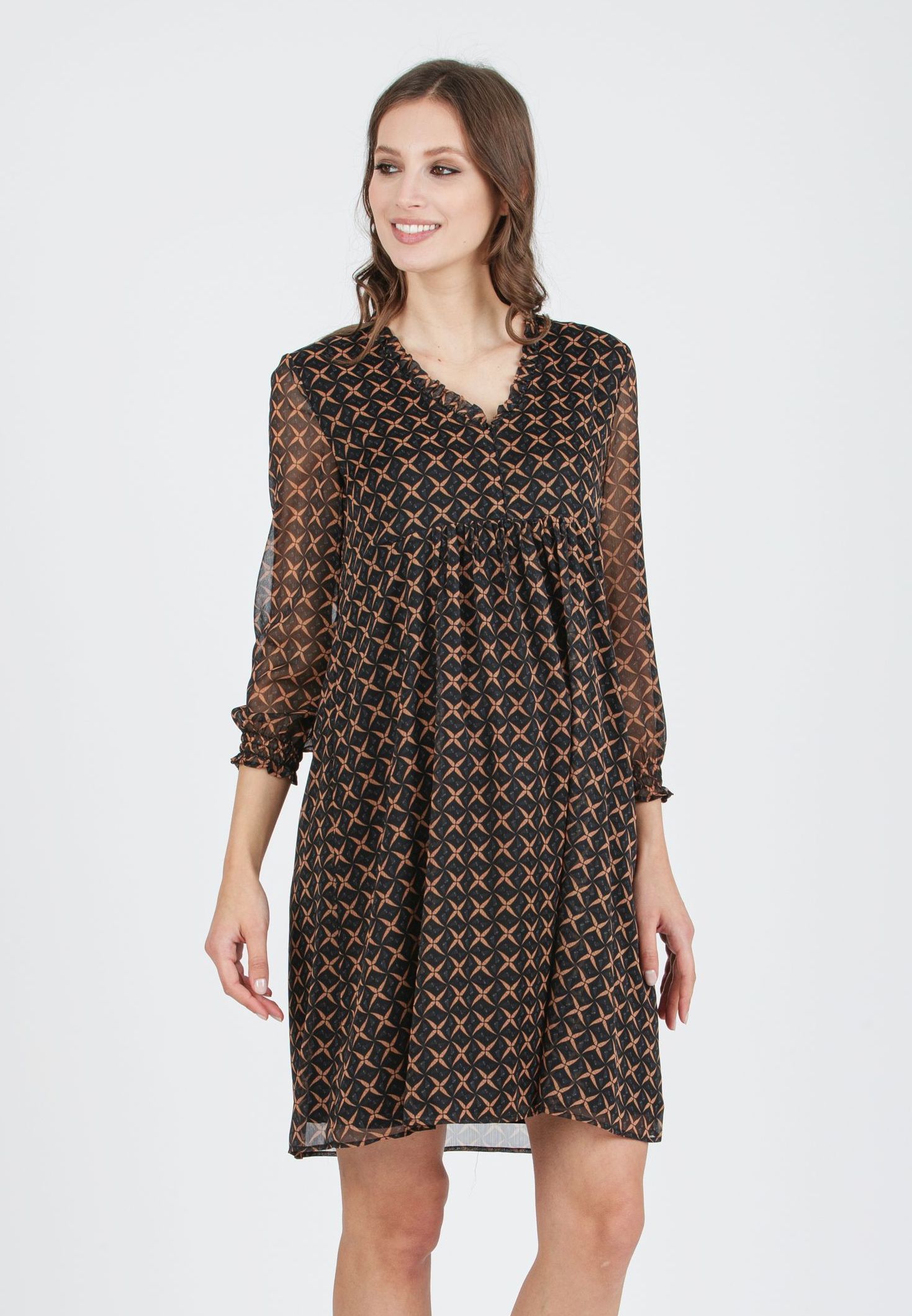 DIANA S - Abito Premaman & Allattamento in Chiffon Stampato con Volant sullo Scollo (Nero, XS)