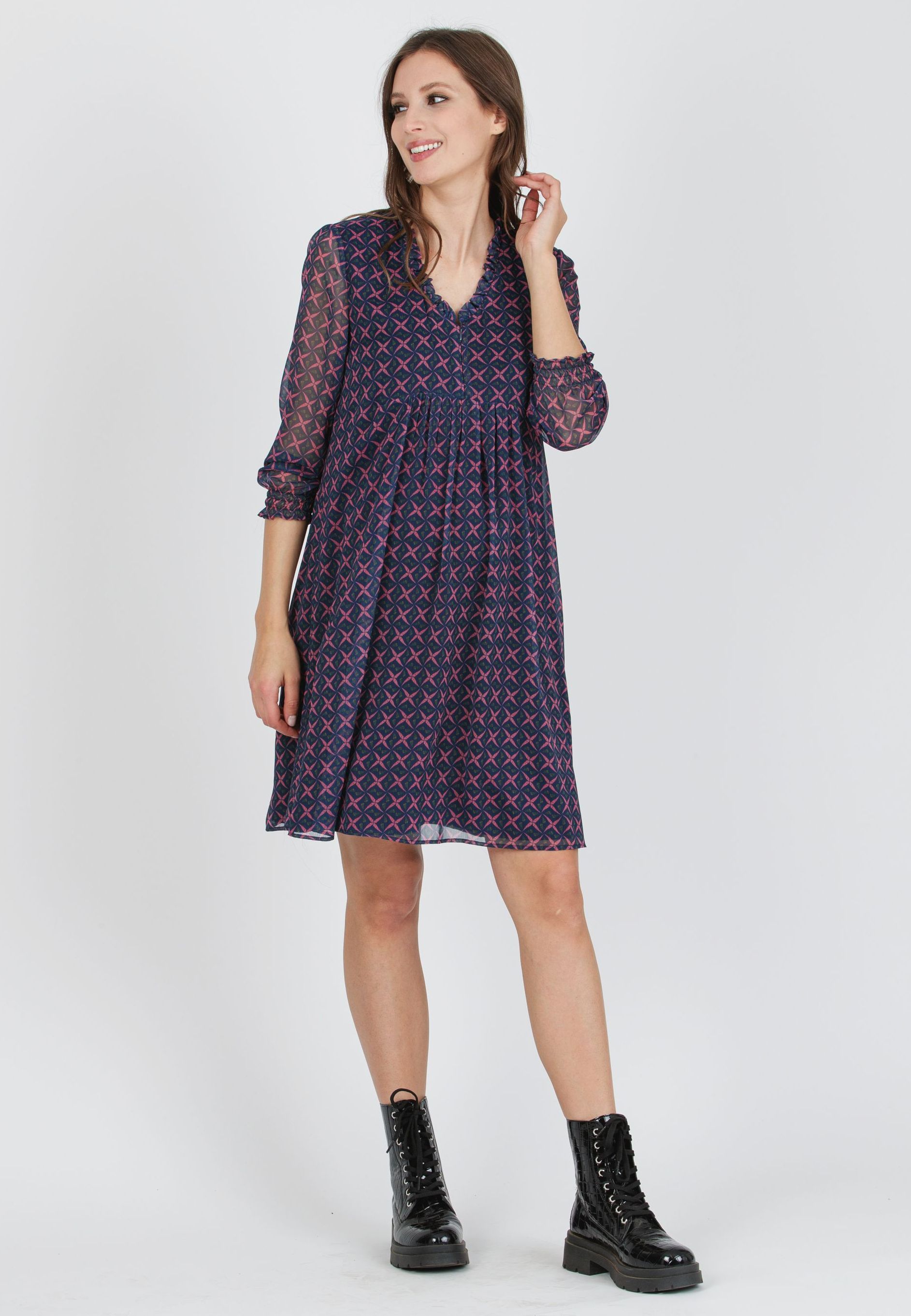 DIANA S - Printed Chiffon Maternity & Nursing Dress with Ruffle Trims on the Neck (Blue, XS)