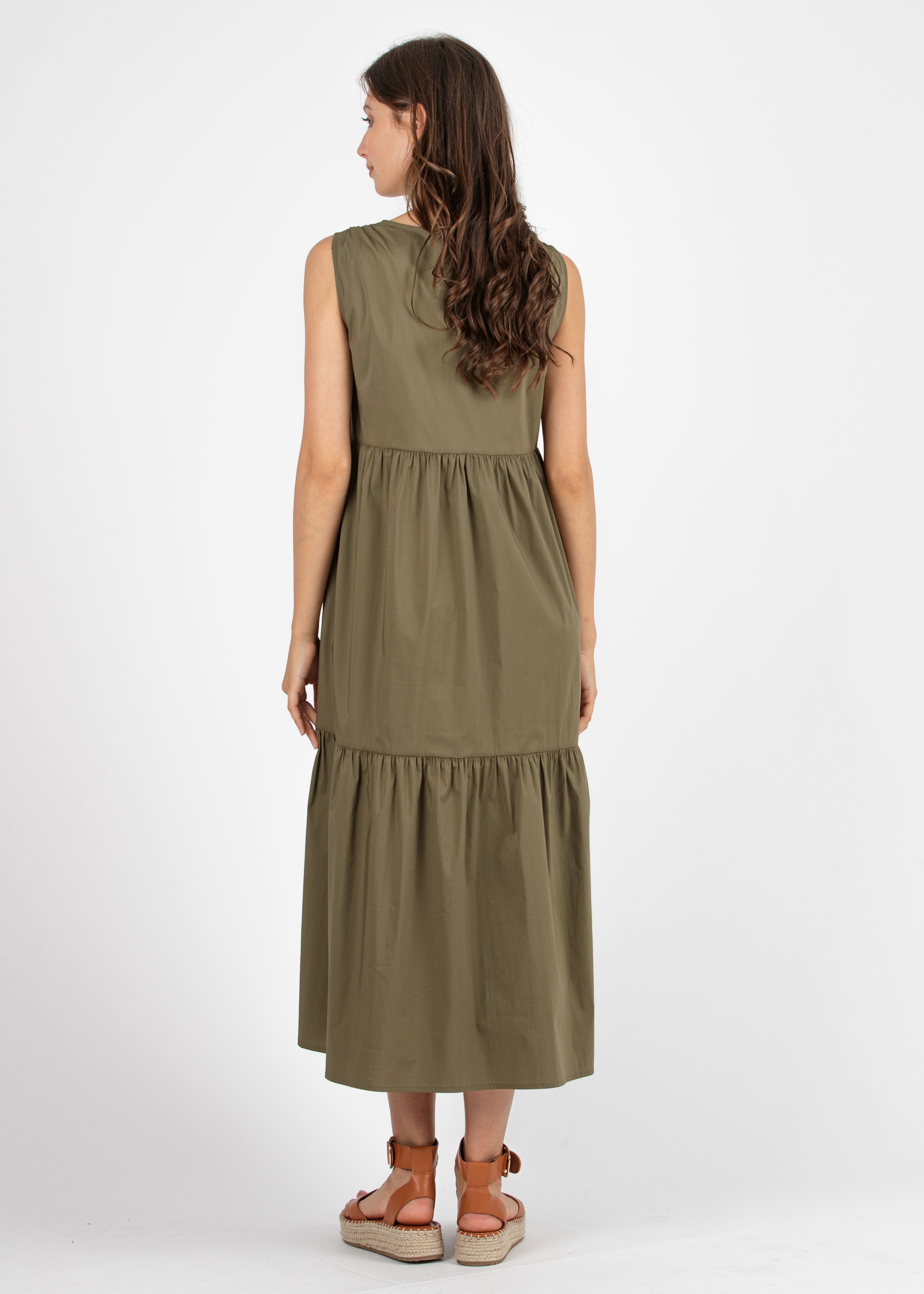 Midi Maternity Dress with Flounces and Front Drawstring (Army Green, XS)