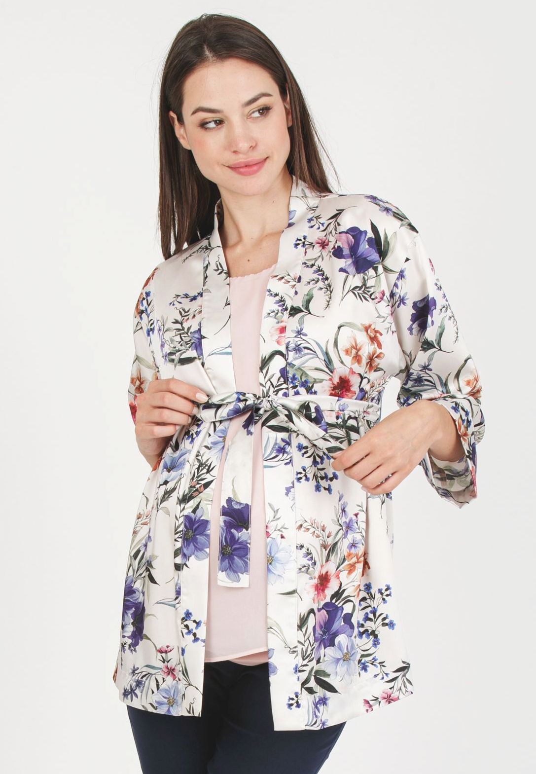 DALIA F - Maternity Kimono in Printed Satin (Avorio)
