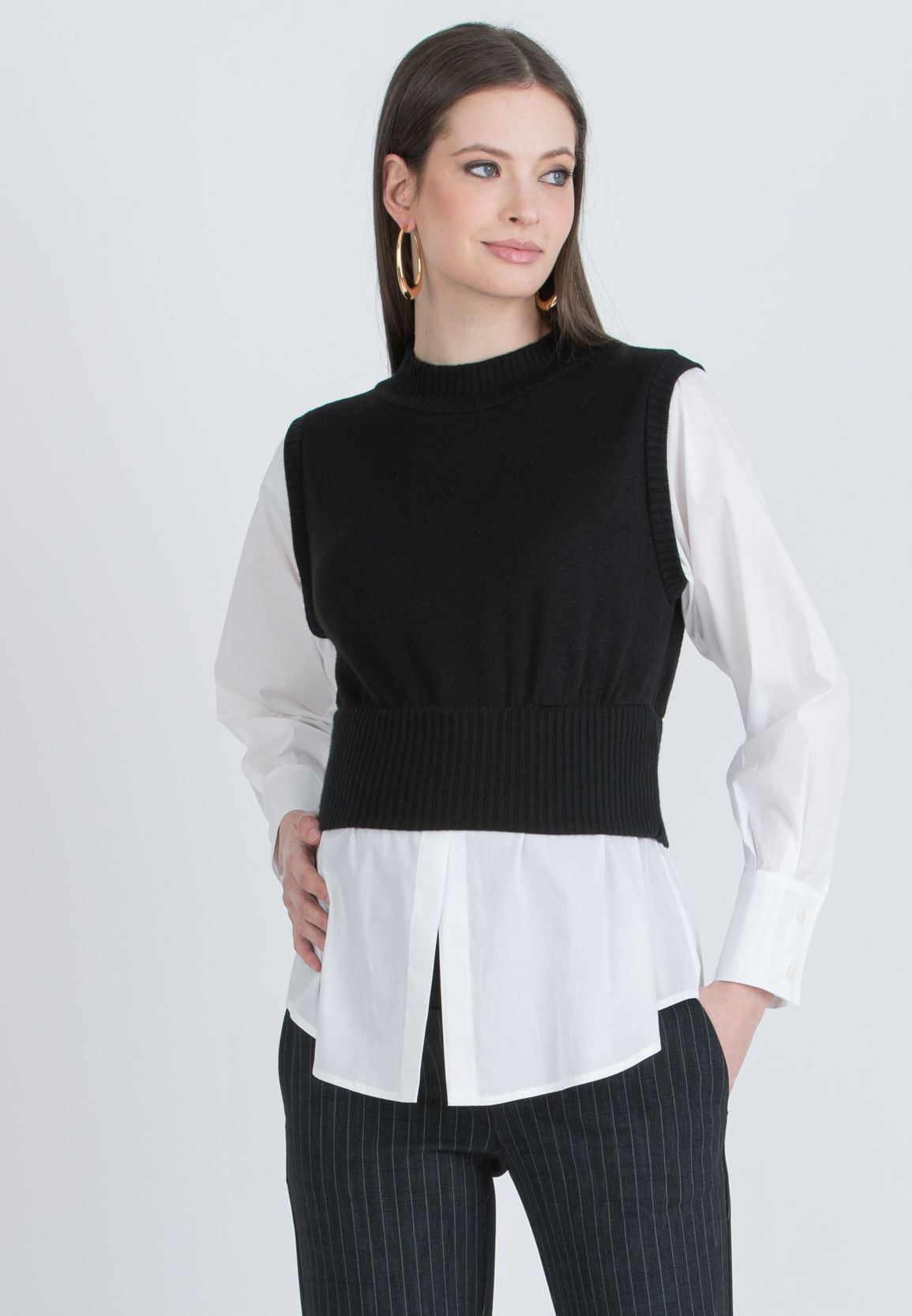KENDALL M - Maglia Premaman con Gilet e Finta Camicia (Nero, XS)