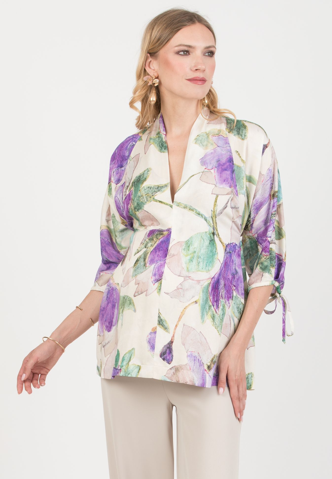 VIOLA M – Casacca Kimono Premaman in Viscosa con Laccetti (Naturale)