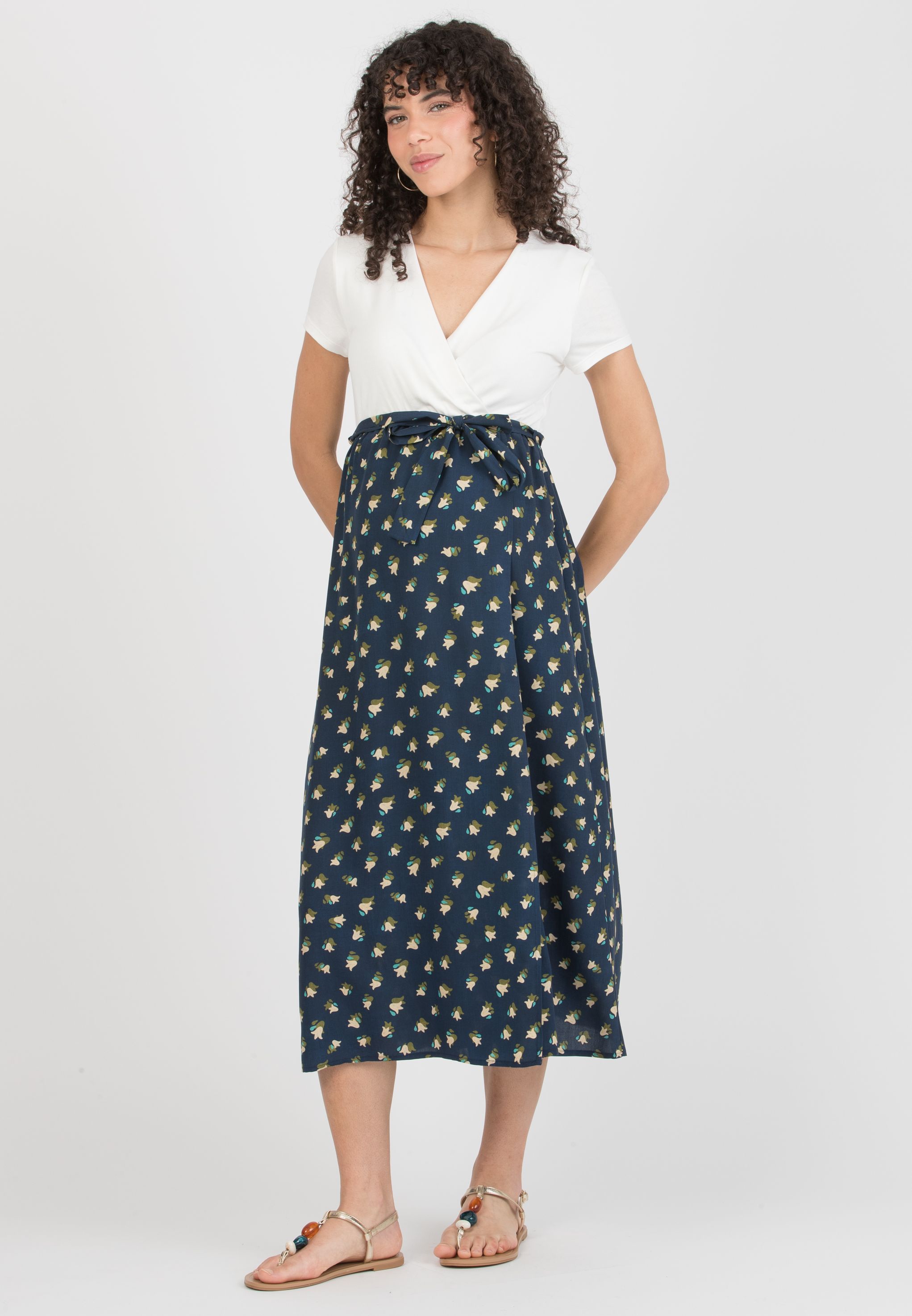 FEDERICA - Maternity Midi Dress with Crossed Neckline and Viscose Wrapped Skirt (Blu)