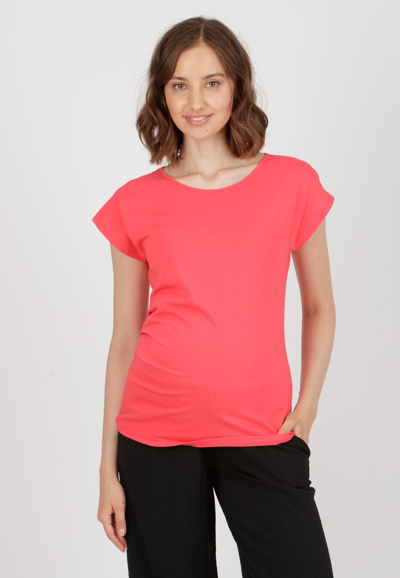 MARZIA - Maternity T-Shirt with Pleats on the Side (Coral, XS)