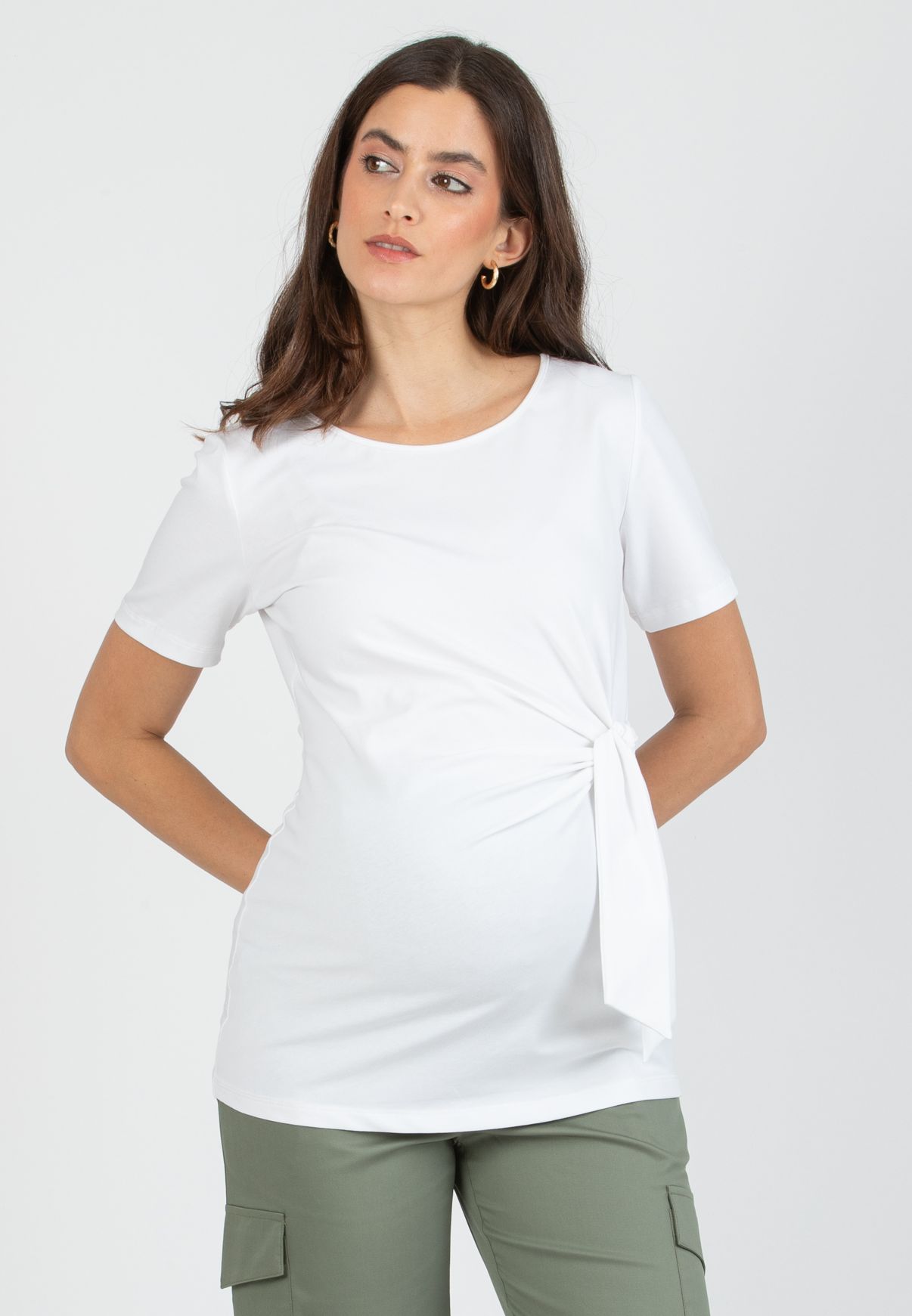 KAREN M - Maternity Cotton Jersey T-Shirt with Side Knot (Bianco  Ottico)