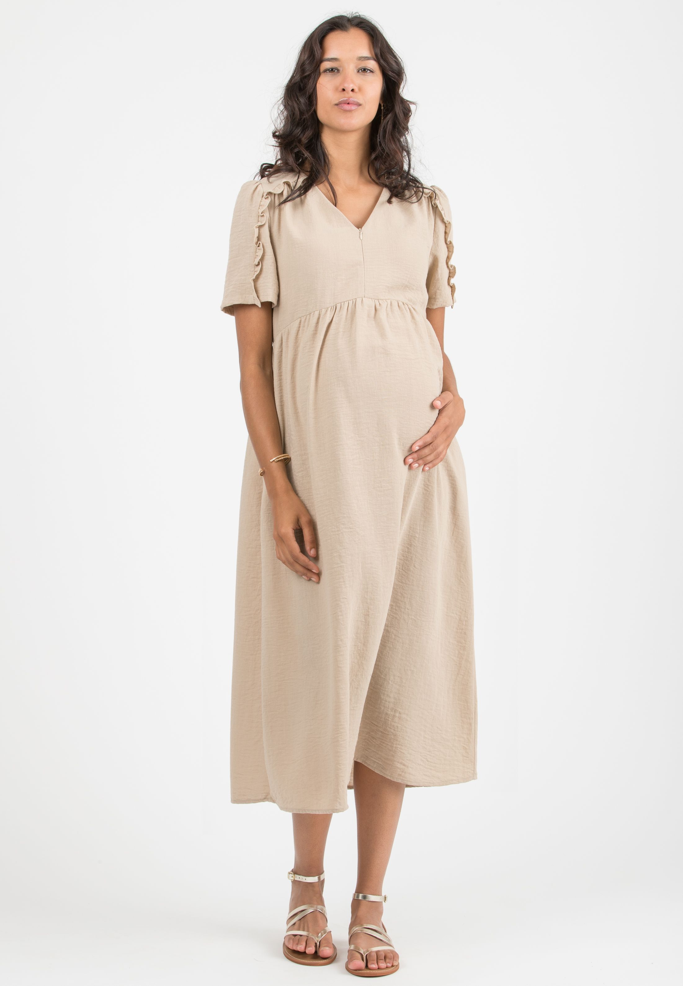 MERYL - Maternity & Nursing Dress with Ruffle Sleeves (Beige, XS)