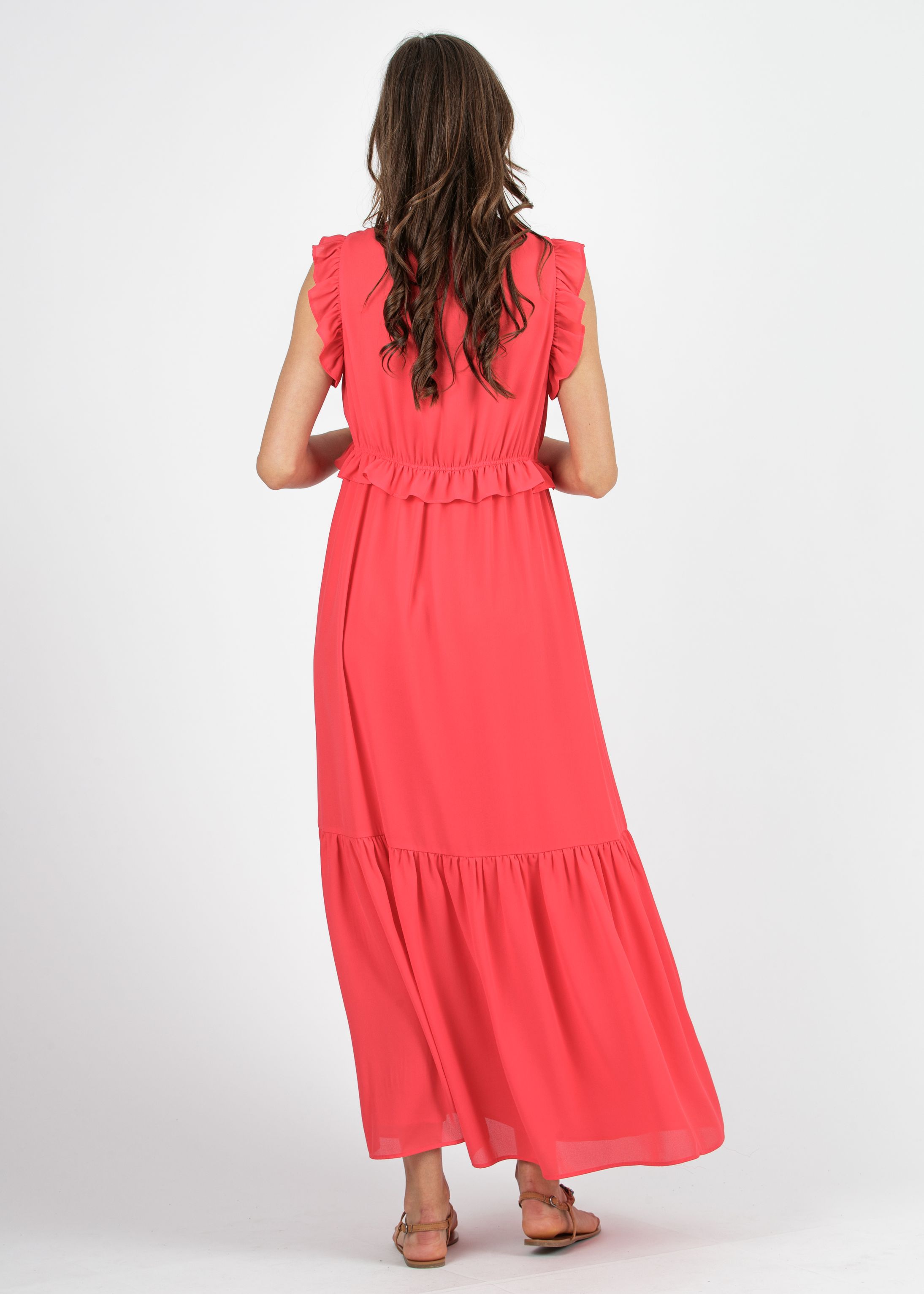 Abito Lungo Premaman in Chiffon con Volant e Balze (Corallo, XS)
