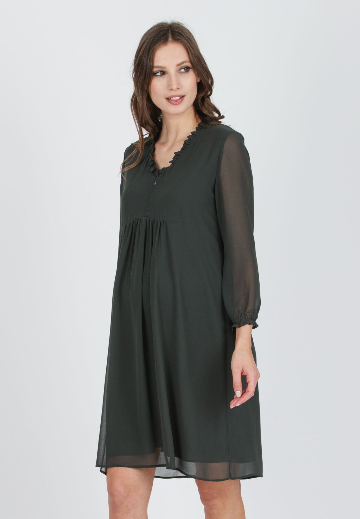DIANA - Abito Premaman & Allattamento in Chiffon con Volant (Verde Militare, XS)