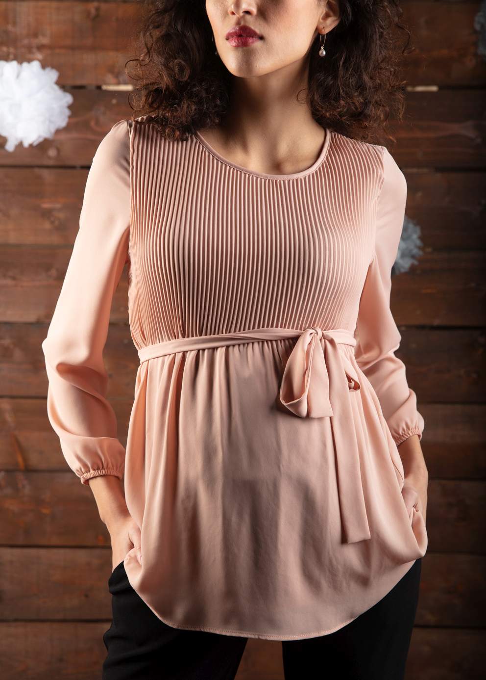 Camicetta Premaman in Georgette con Corpino in Kristal Plissé (Cipria, XS)
