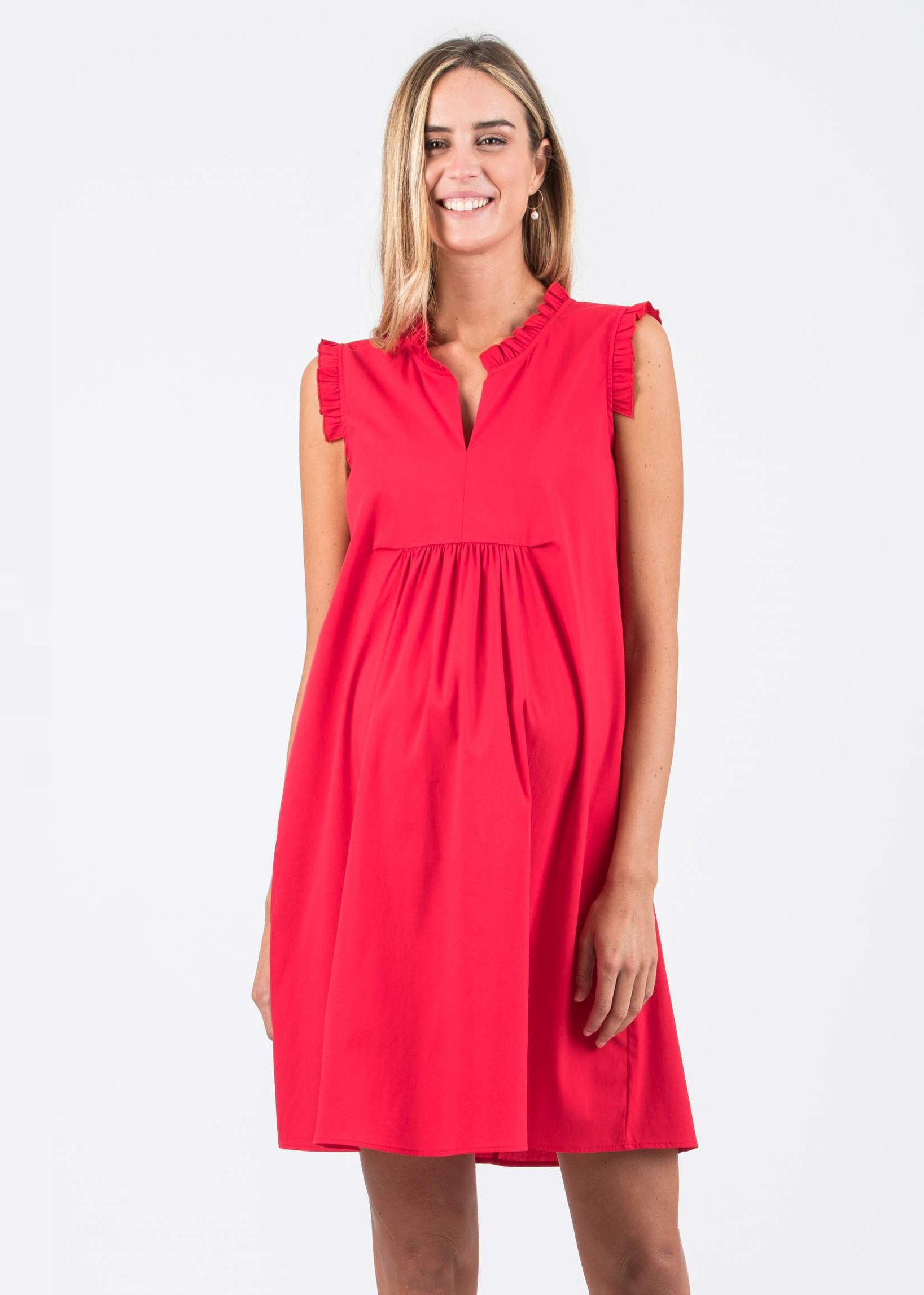 Maternity Dress in Cotton Poplin with Frill Trims (Red, XS)