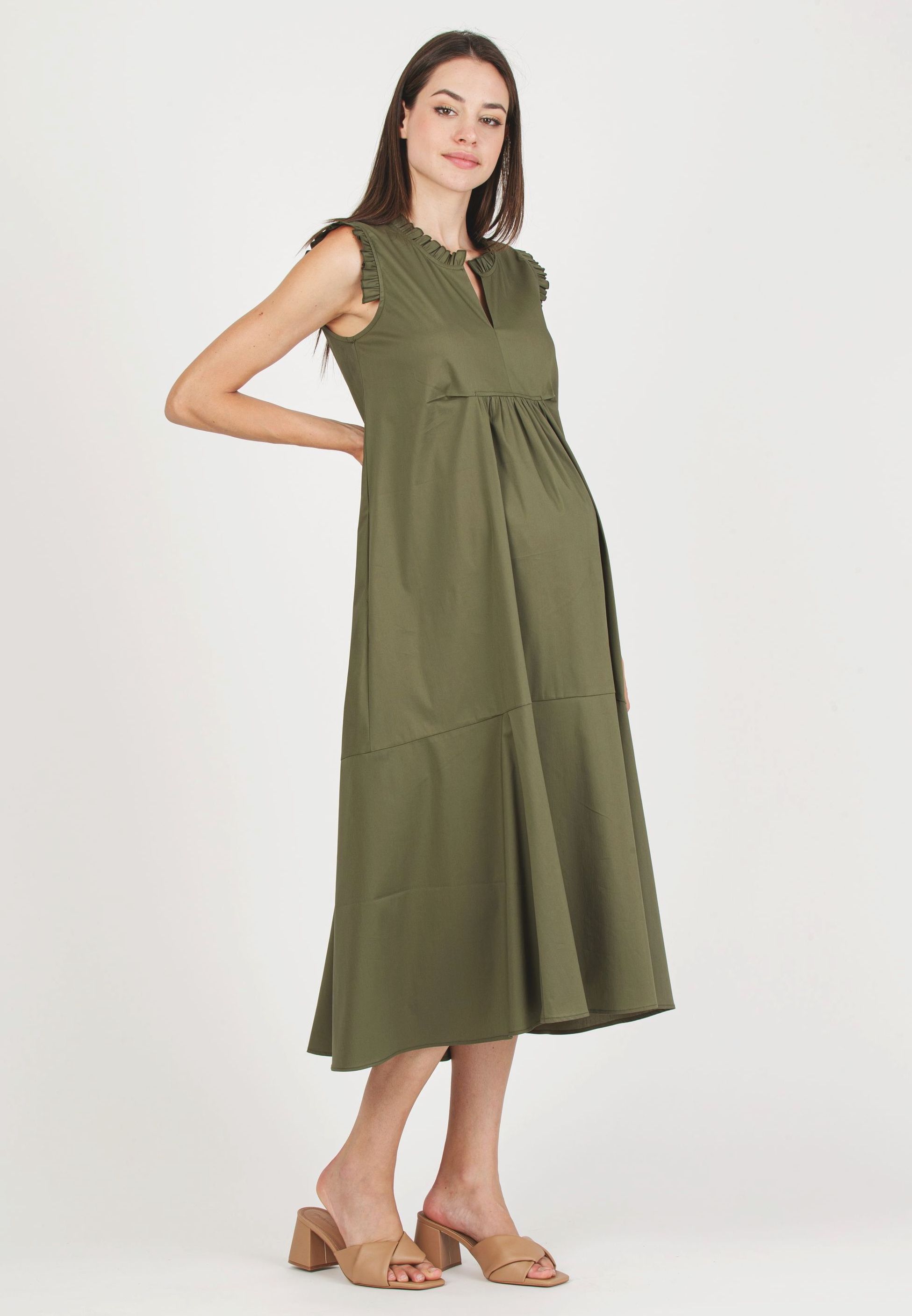 SOFIA MIDI - Maternity Midi Dress in Cotton Poplin with Ruffles (Army Green, XS)