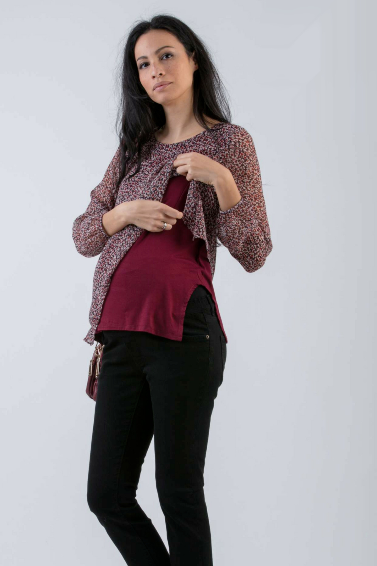 Printed Chiffon Maternity & Nursing Top (Bordeaux, XS)