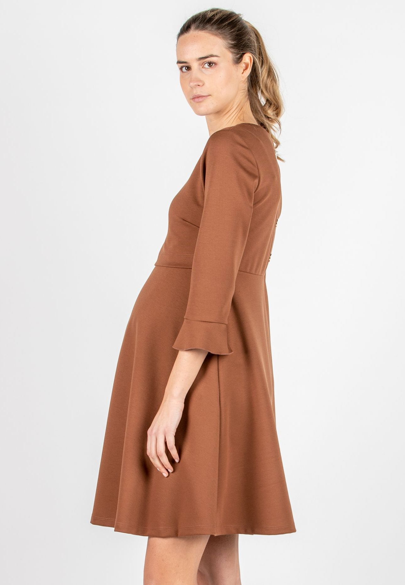 DAFNE – Flared Maternity & Nursing Dress with Back Button Detail (Caramello, XS)