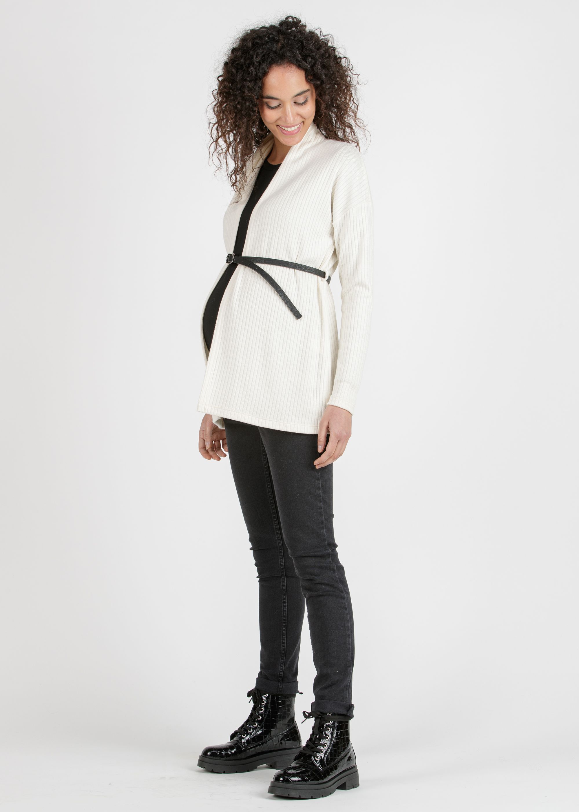 ARIANNA - Cardigan Premaman in Costina con Cintura (Avorio, XS)