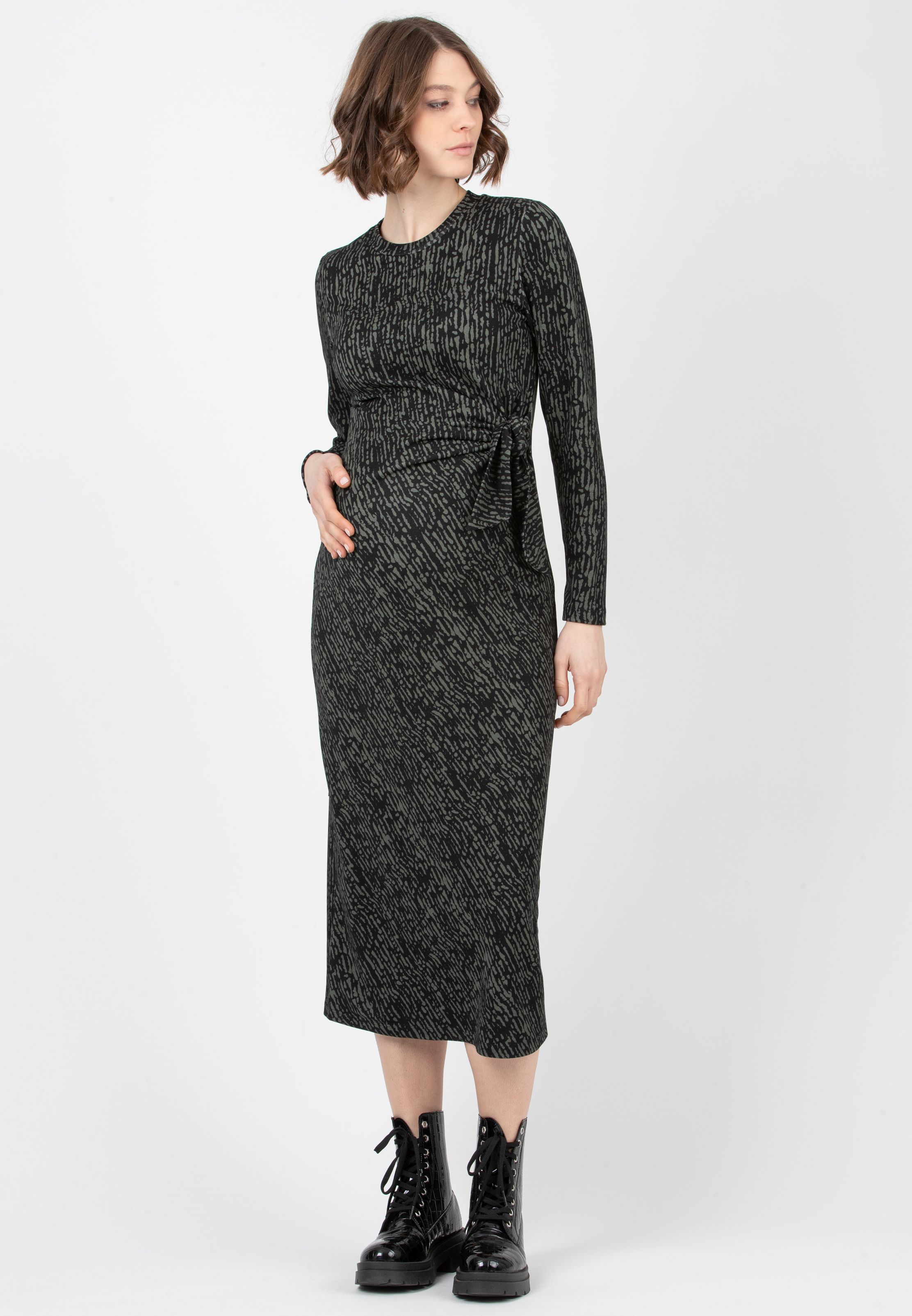KAREN F - Maternity Dress in Printed Ponte Fabric with Knot (Dark Green, XS)