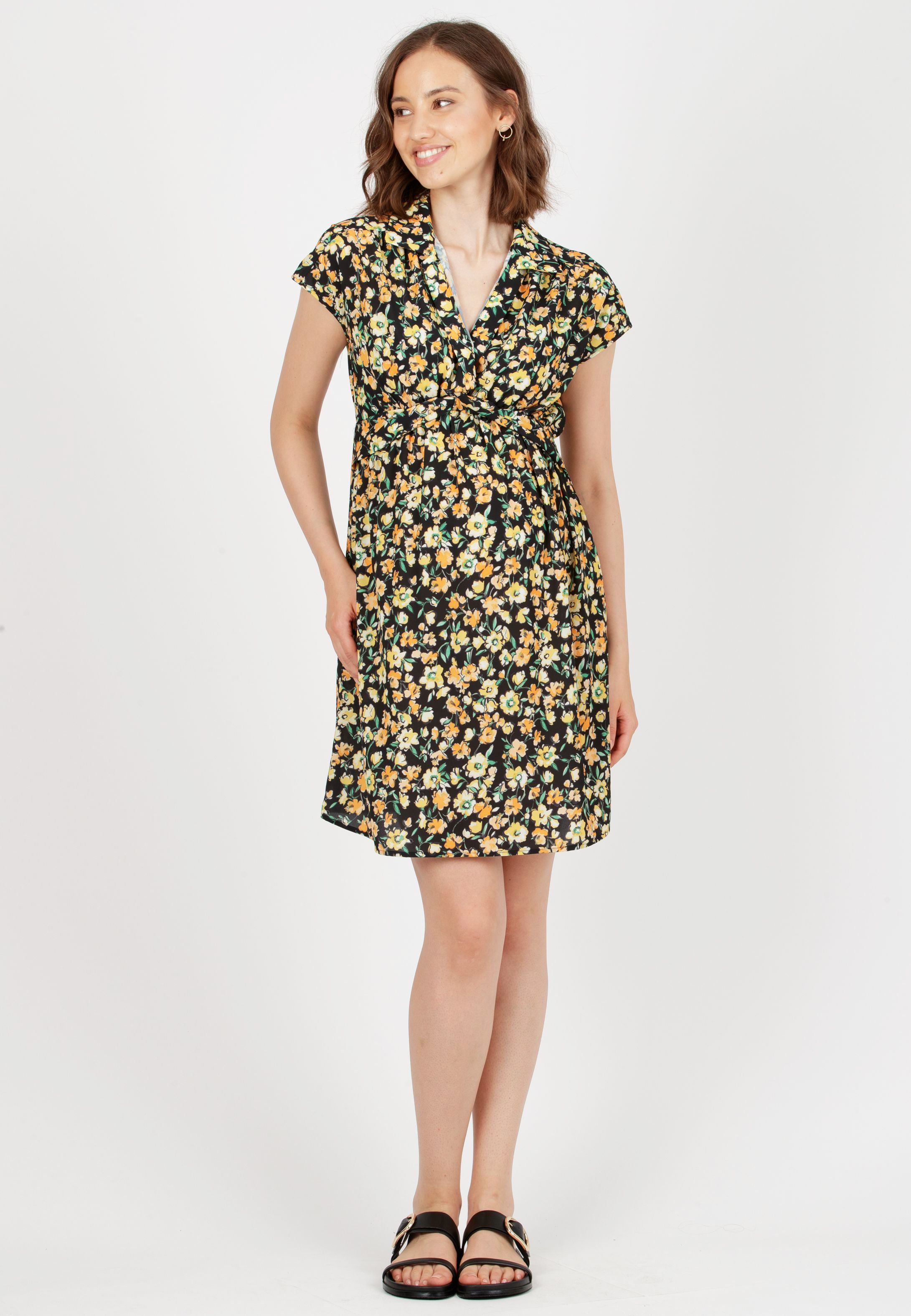 DELIA - Printed Maternity Dress with Collar (Black, XS)