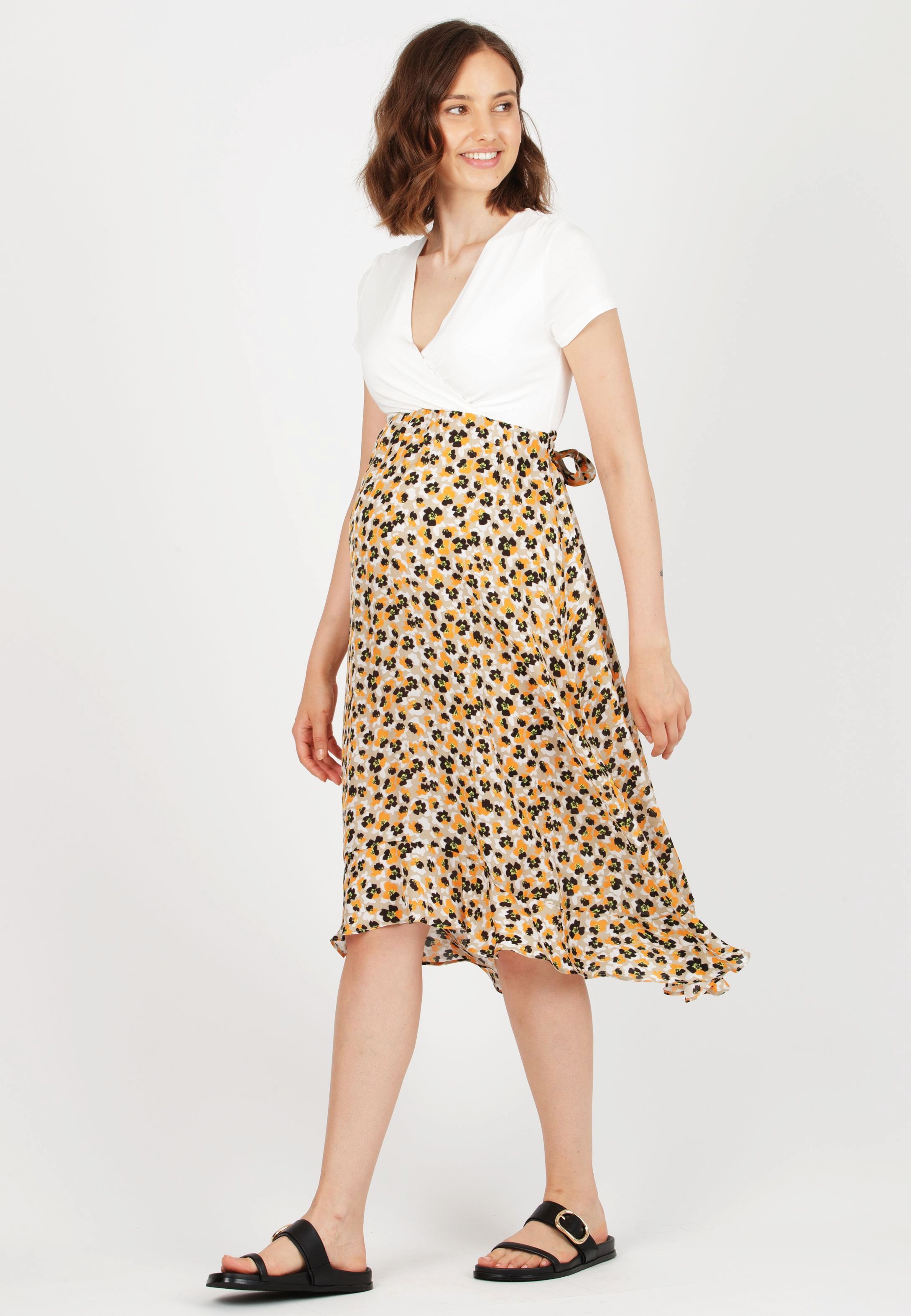 MARTA - Abito Premaman & Allattamento con Corpino Incrociato e Gonna Fantasia (Beige, XS)